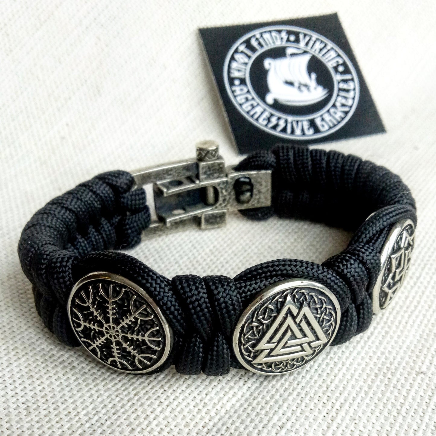 Black Viking protective amulet with steel beads "Valknut", "Valkyrie", "Horror shield". Men's style, a gift for tough men. Biker bracelet.