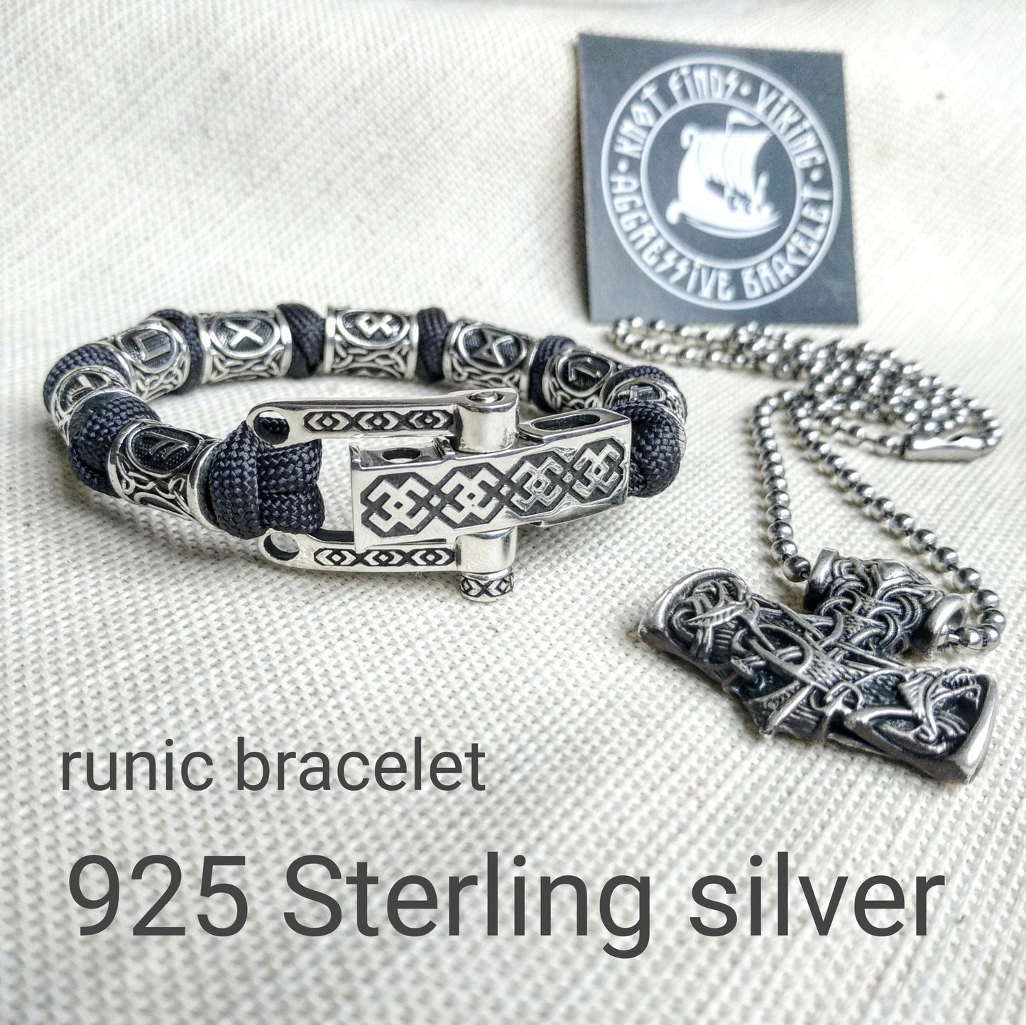 Runic paracord and 925 Sterling silver bracelet "VIKING". Nordic bracelet with runes beads.