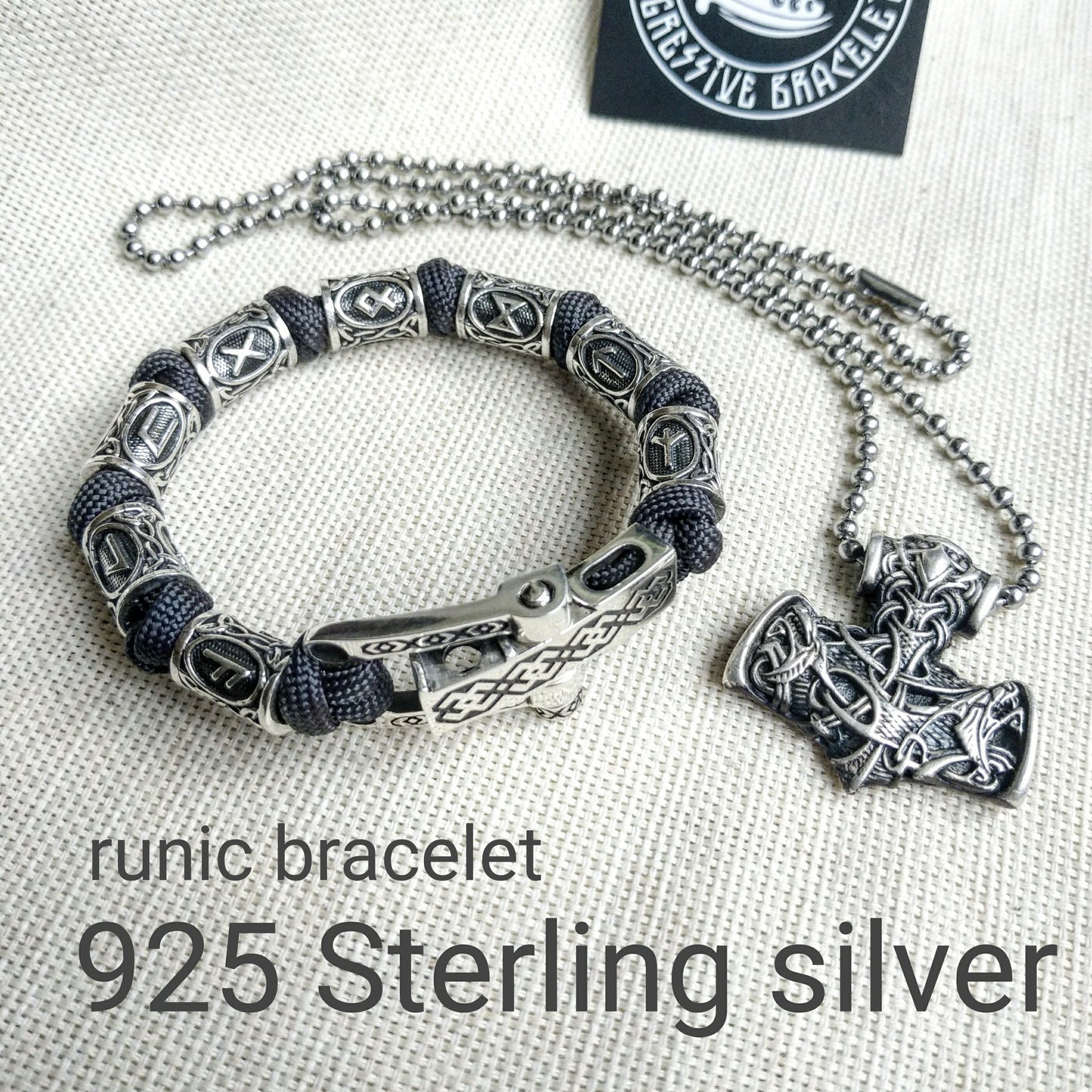 Runic paracord and 925 Sterling silver bracelet "VIKING". Nordic bracelet with runes beads.