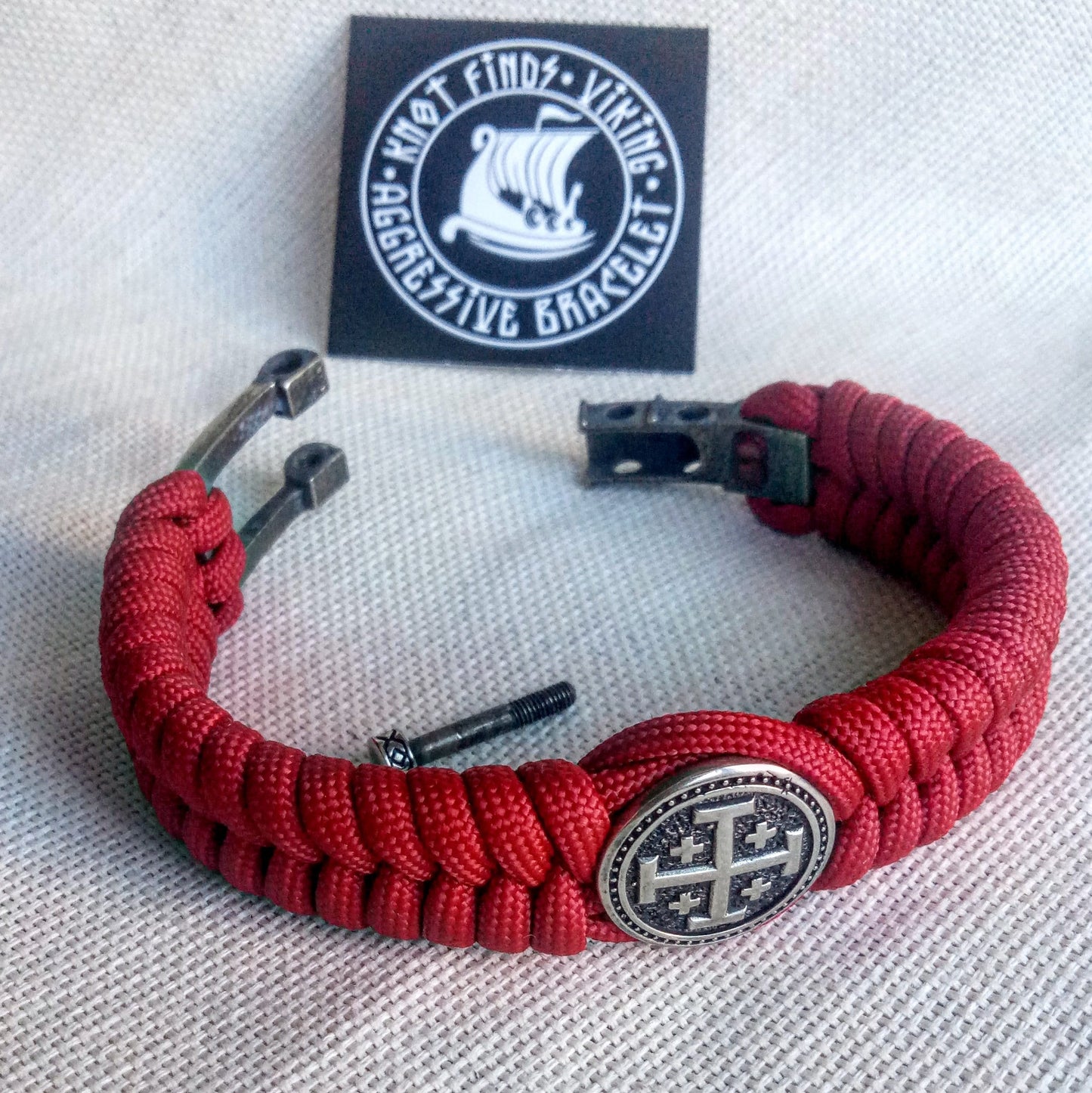 Red Paracord bracelet "JERUSALEM CROSS". The original brutal bracelet made of Celtic knots and beads. Scandinavian style.