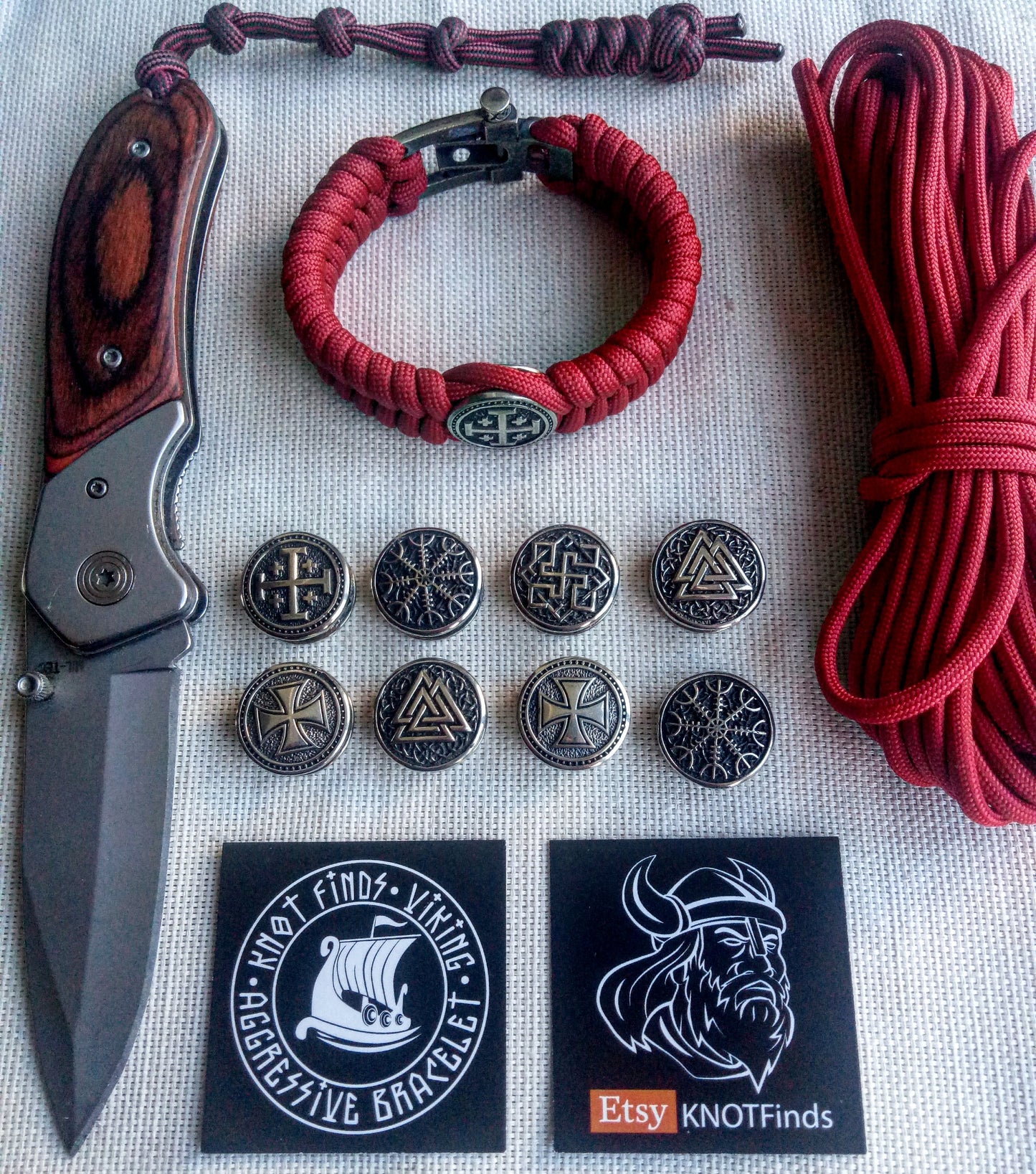 Red Paracord bracelet "JERUSALEM CROSS". The original brutal bracelet made of Celtic knots and beads. Scandinavian style.