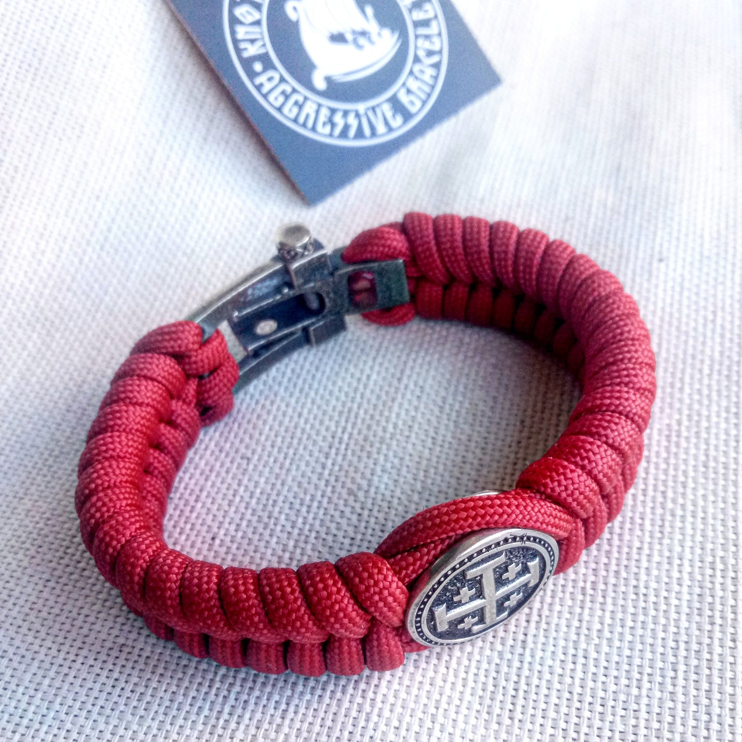 Red Paracord bracelet "JERUSALEM CROSS". The original brutal bracelet made of Celtic knots and beads. Scandinavian style.