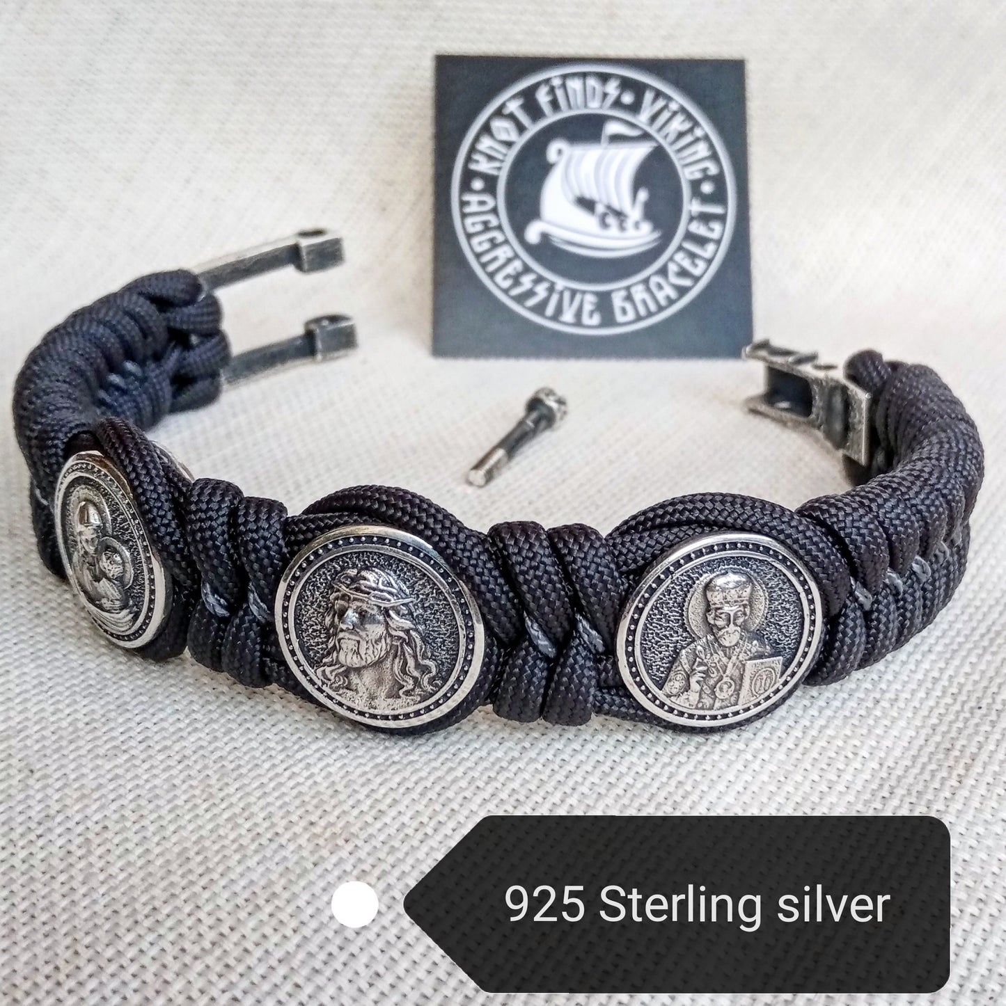 Paracord bracelet. With Silver 925 Sterling beads Jesus Christ, Saint Nicholas, Virgin Mary. Baptism gift. Religious bracelet. Easter gift.