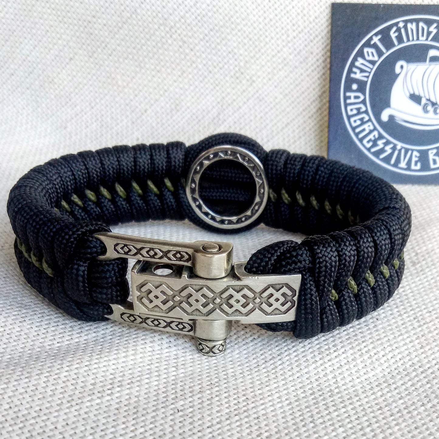 Black Paracord bracelet "JERUSALEM CROSS". The original brutal bracelet made of Celtic knots and beads. Scandinavian style.