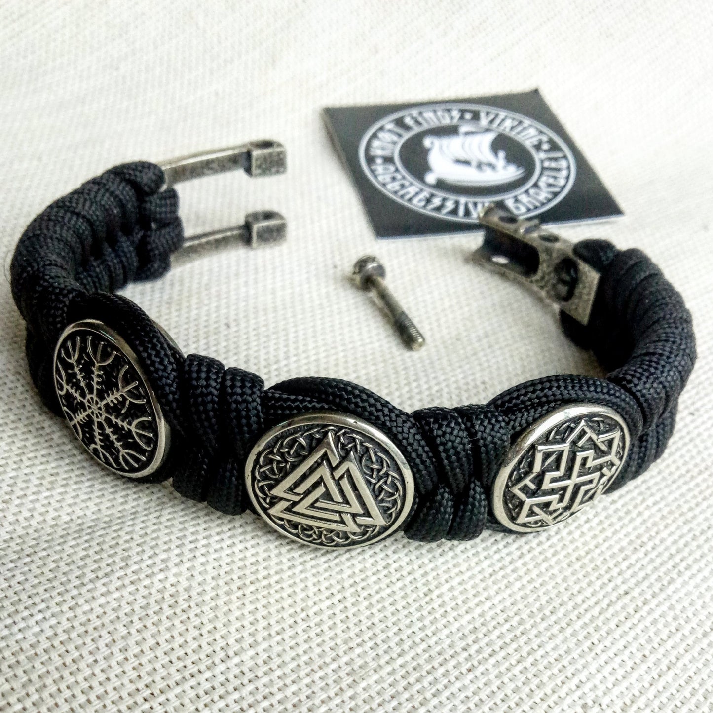 Black Viking protective amulet with steel beads "Valknut", "Valkyrie", "Horror shield". Men's style, a gift for tough men. Biker bracelet.