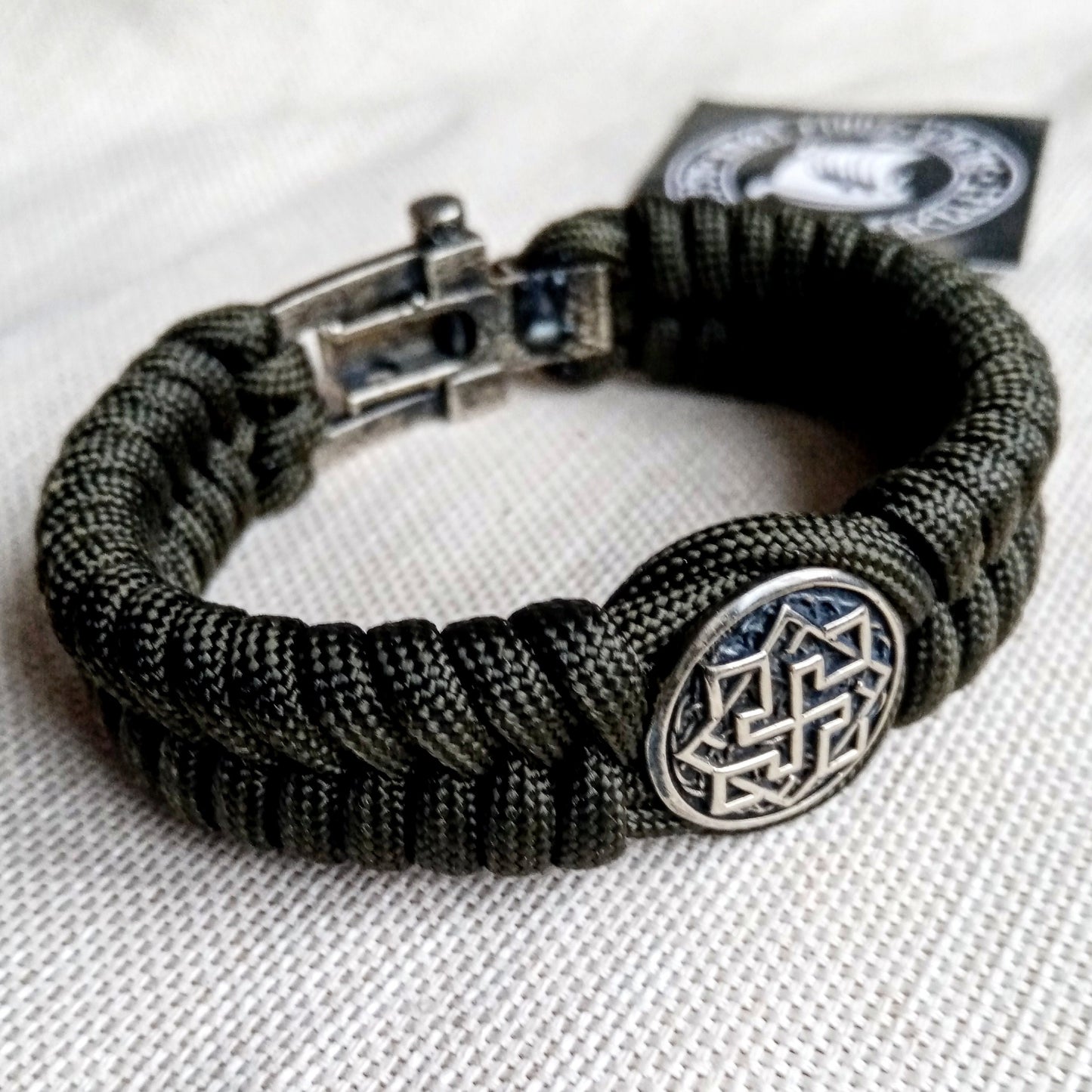 Paracord green olive bracelet "VALKYRIE". The original brutal bracelet made of Celtic knots and beads. Nordic bangle.
