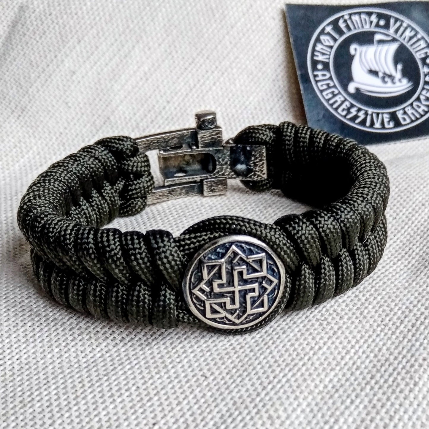 Paracord green olive bracelet "VALKYRIE". The original brutal bracelet made of Celtic knots and beads. Nordic bangle.