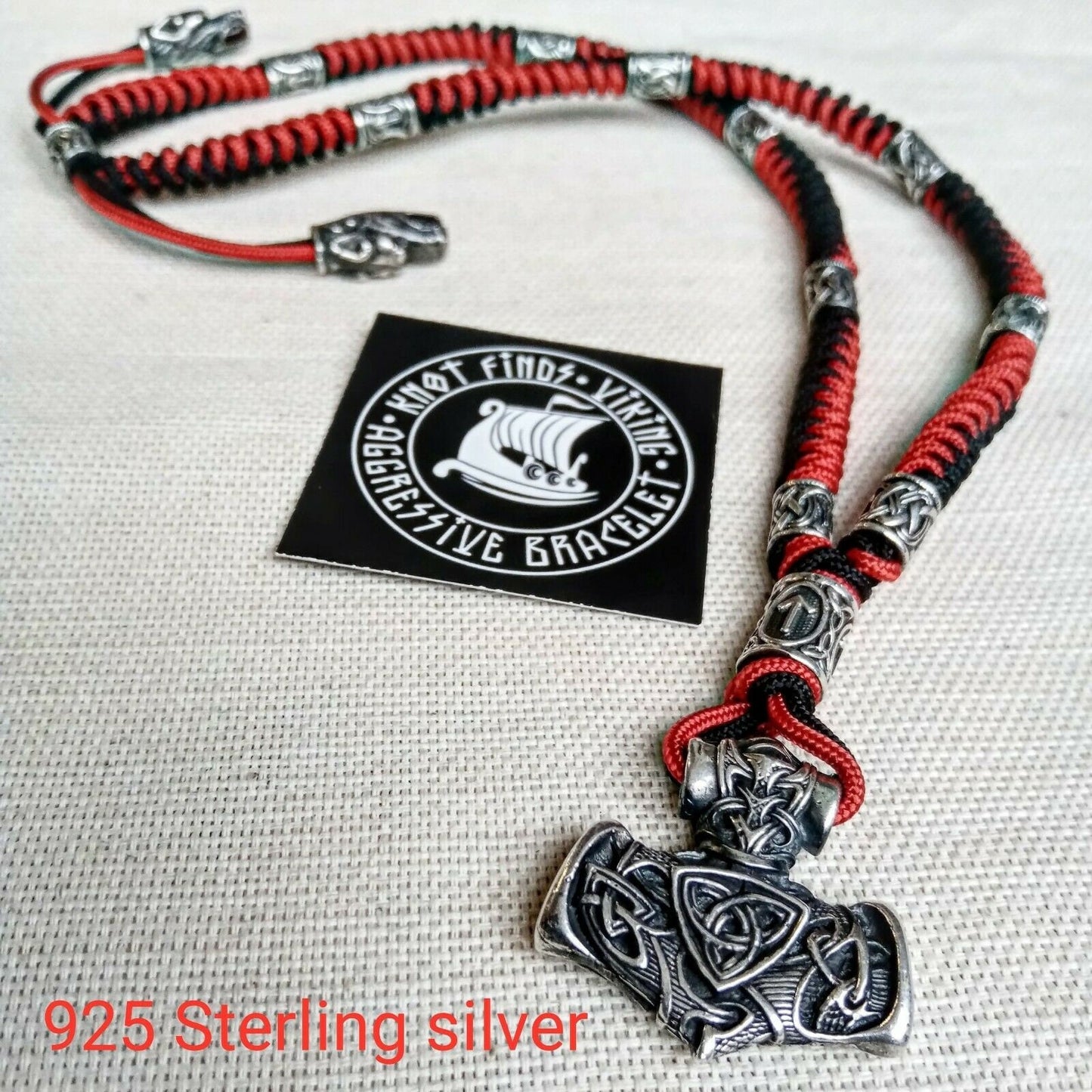 Mens necklace. Paracord necklace with 925 sterling silver beads. Mjolnir necklace. Celtic knot.