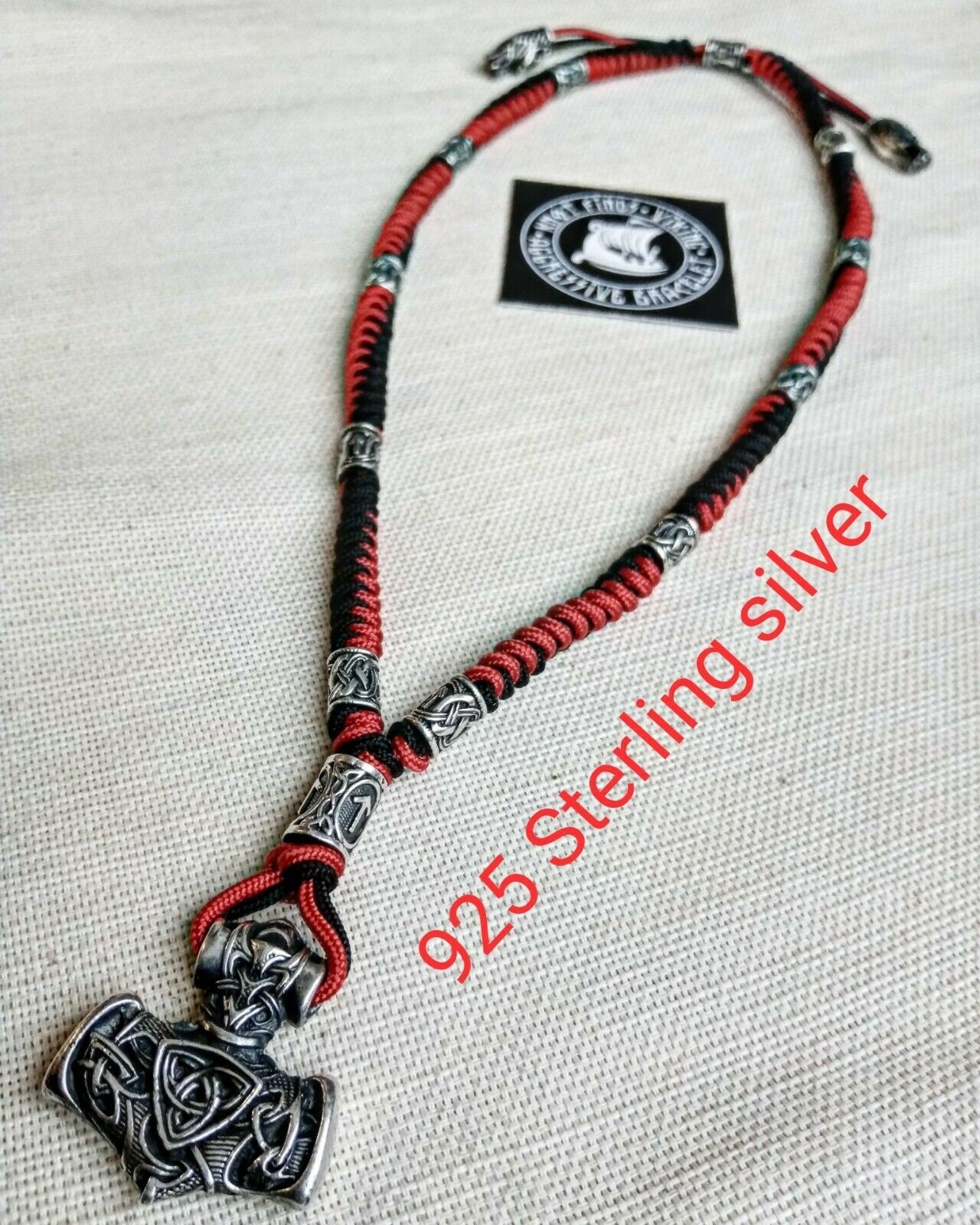 Mens necklace. Paracord necklace with 925 sterling silver beads. Mjolnir necklace. Celtic knot.