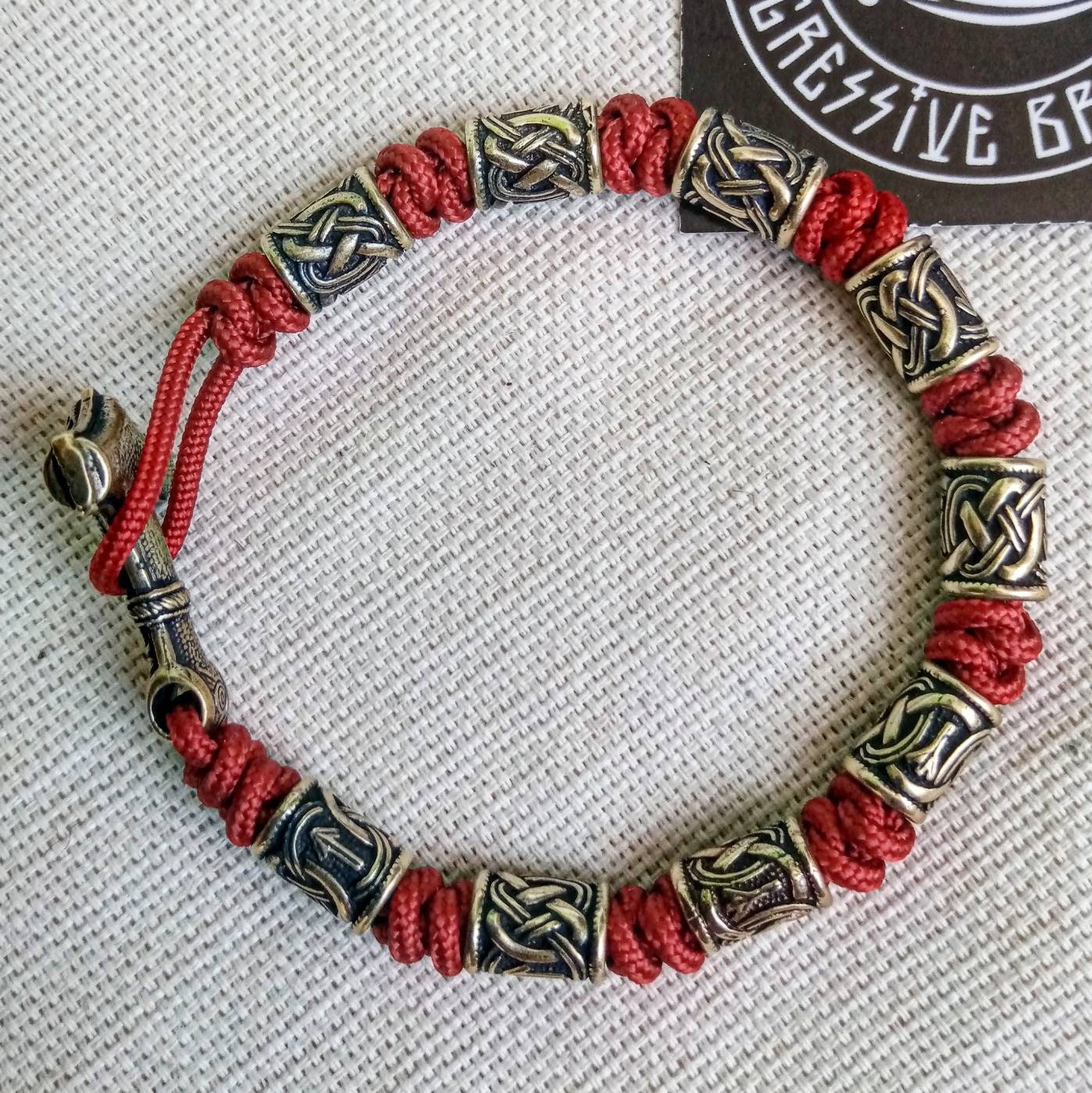 Red Paracord bracelet. Runic bangle, Viking style. Scandinavian jewelry. Mjöllnir.