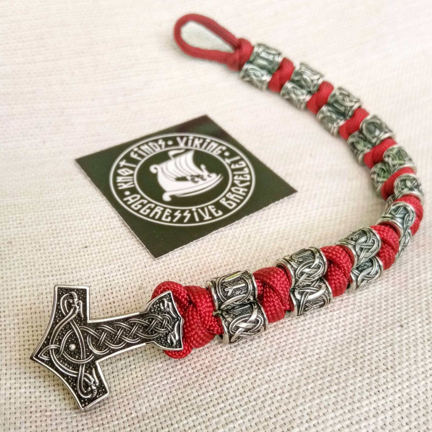 Red Paracord runic bracelet. Viking style. Scandinavian jewelry. Biker bangle. Mens accessory.