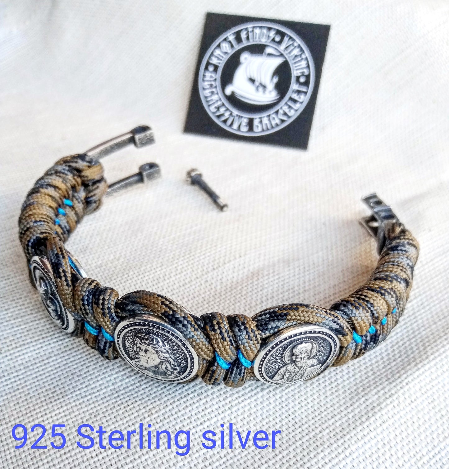 Religious paracord bracelet.Jesus Christ, Saint Nicholas, Virgin Mary. Silver 925 Sterling. Luxury Easter gift.