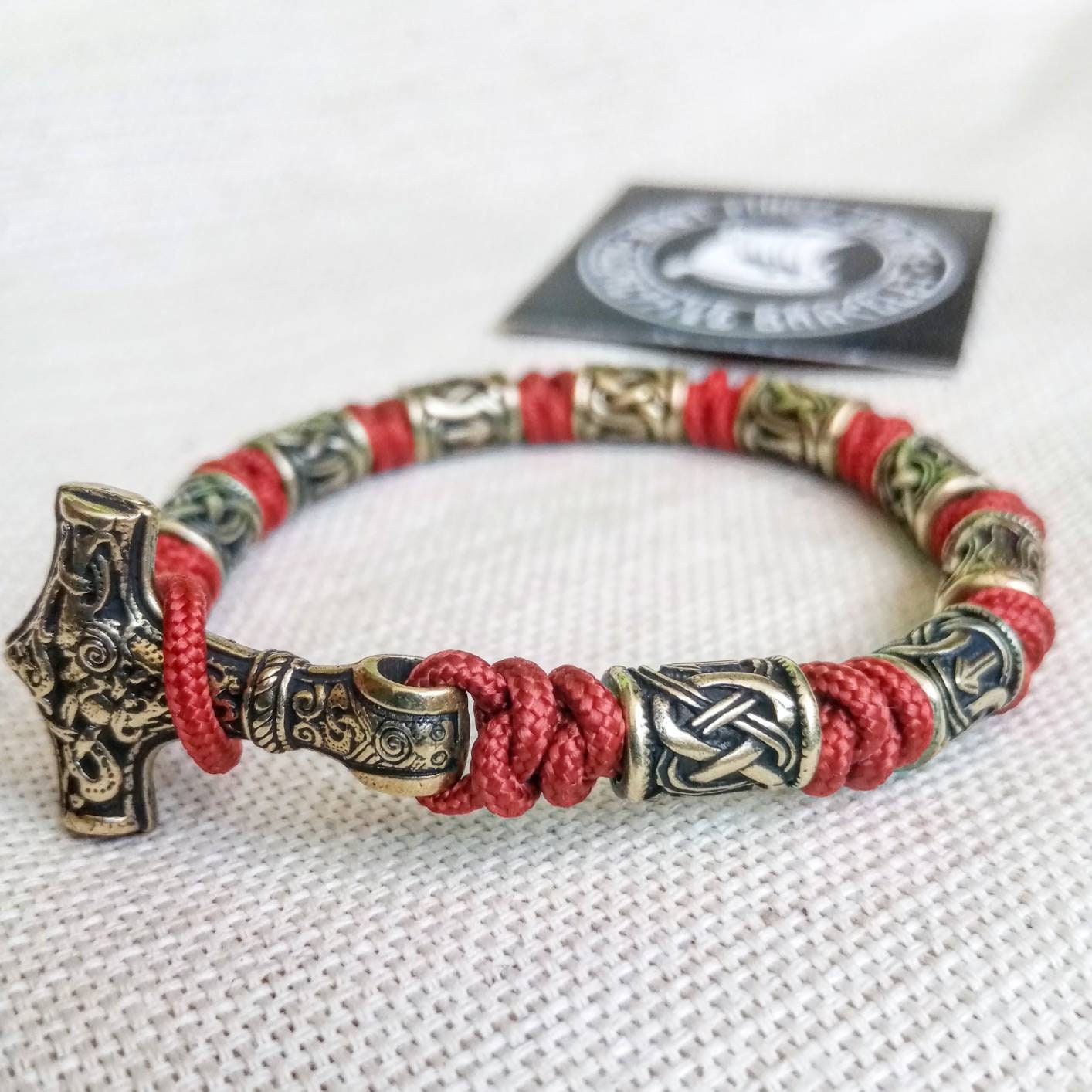 Red Paracord bracelet. Runic bangle, Viking style. Scandinavian jewelry. Mjöllnir.