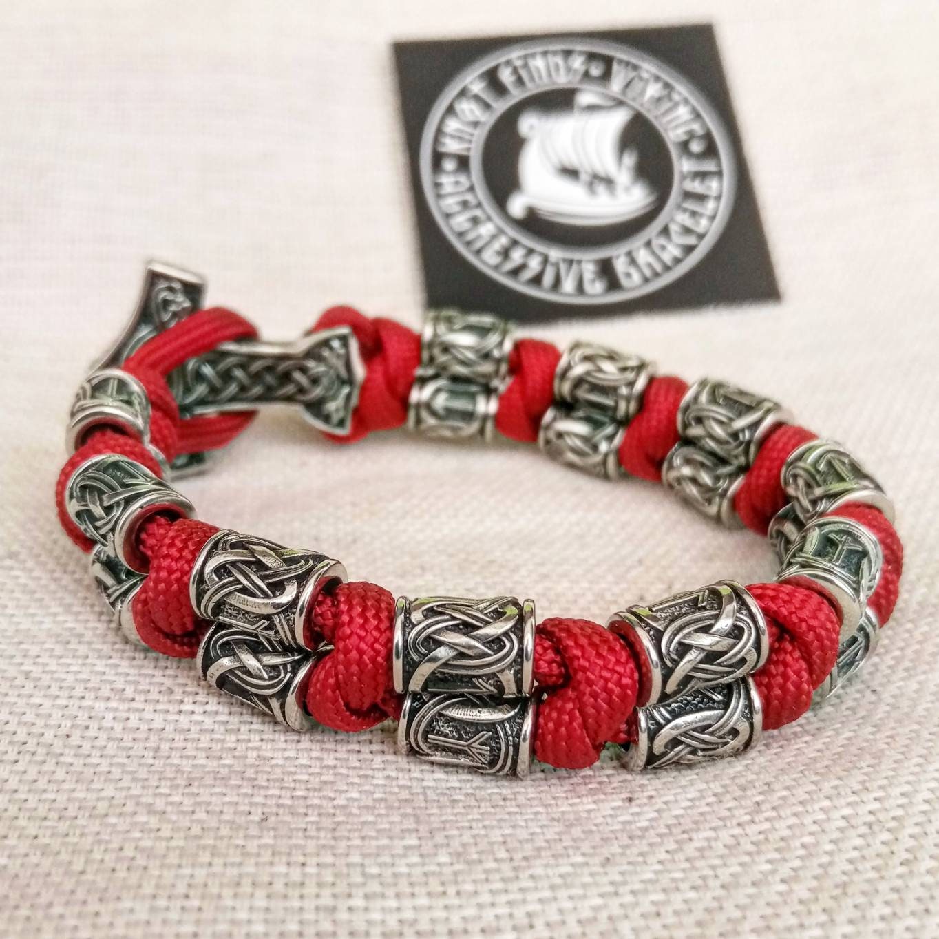 Red Paracord runic bracelet. Viking style. Scandinavian jewelry. Biker bangle. Mens accessory.
