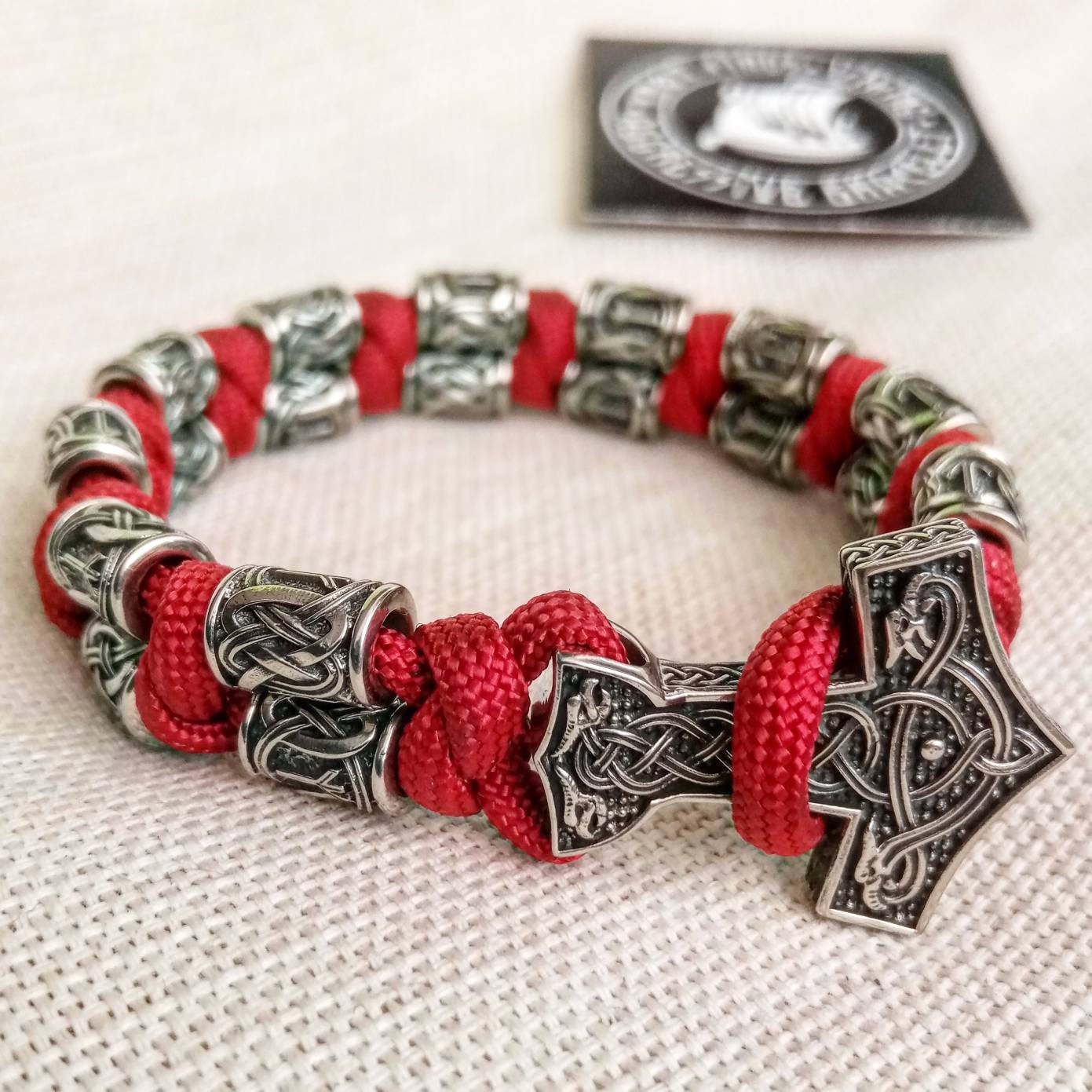 Red Paracord runic bracelet. Viking style. Scandinavian jewelry. Biker bangle. Mens accessory.