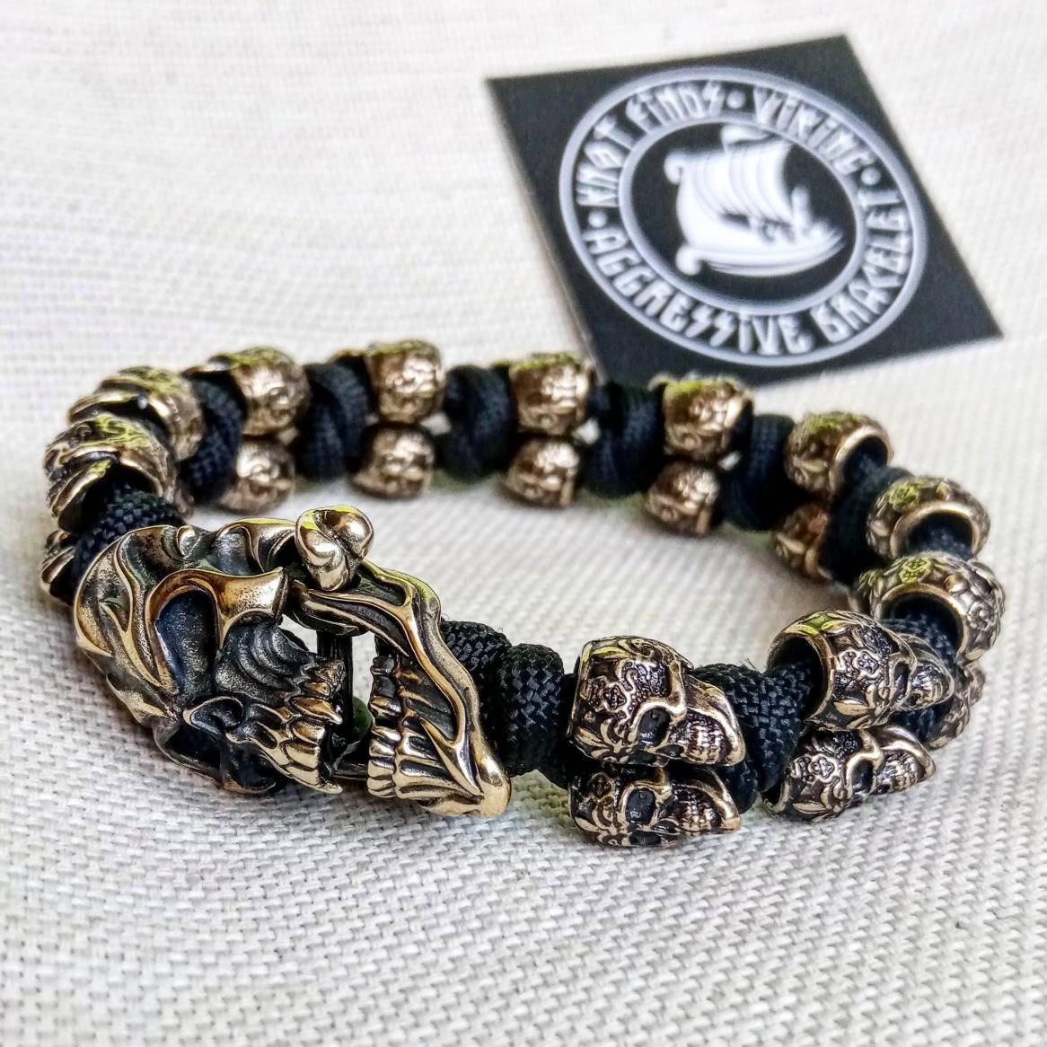 Black biker bangle. Horror skull paracord bracelet. Brutal style.