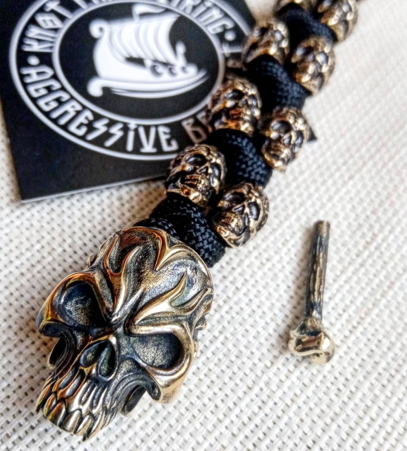 Black biker bangle. Horror skull paracord bracelet. Brutal style.