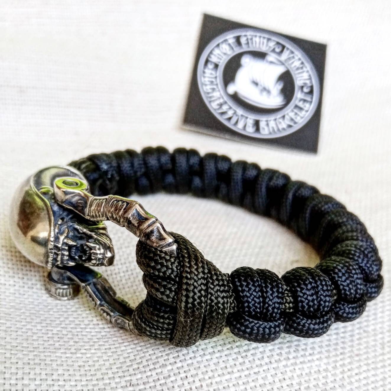 Black Paracord bracelet ALIEN. Biker bangle. Viking style. Xenomorph. Scandinavian jewelry.