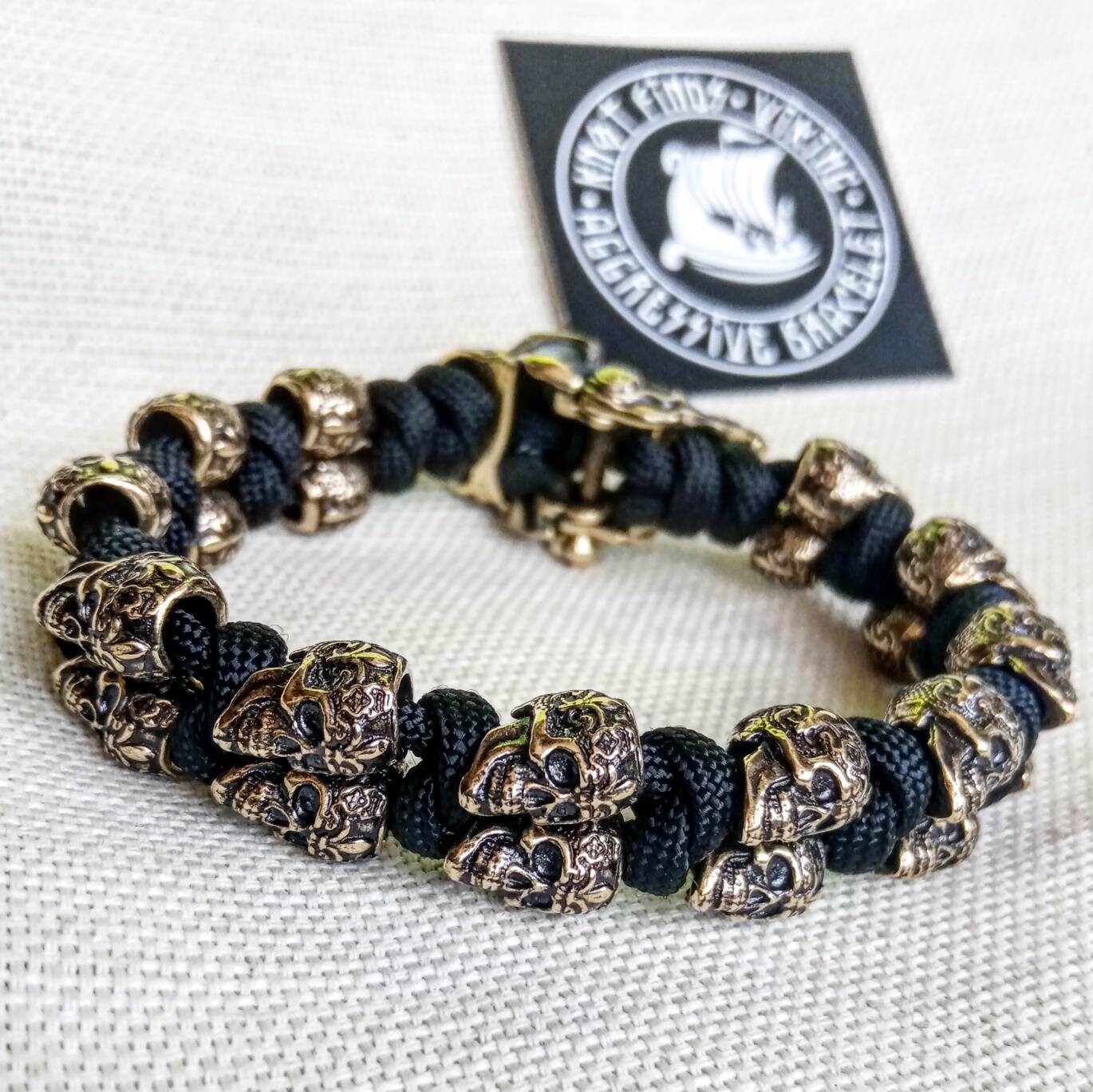 Black biker bangle. Horror skull paracord bracelet. Brutal style.