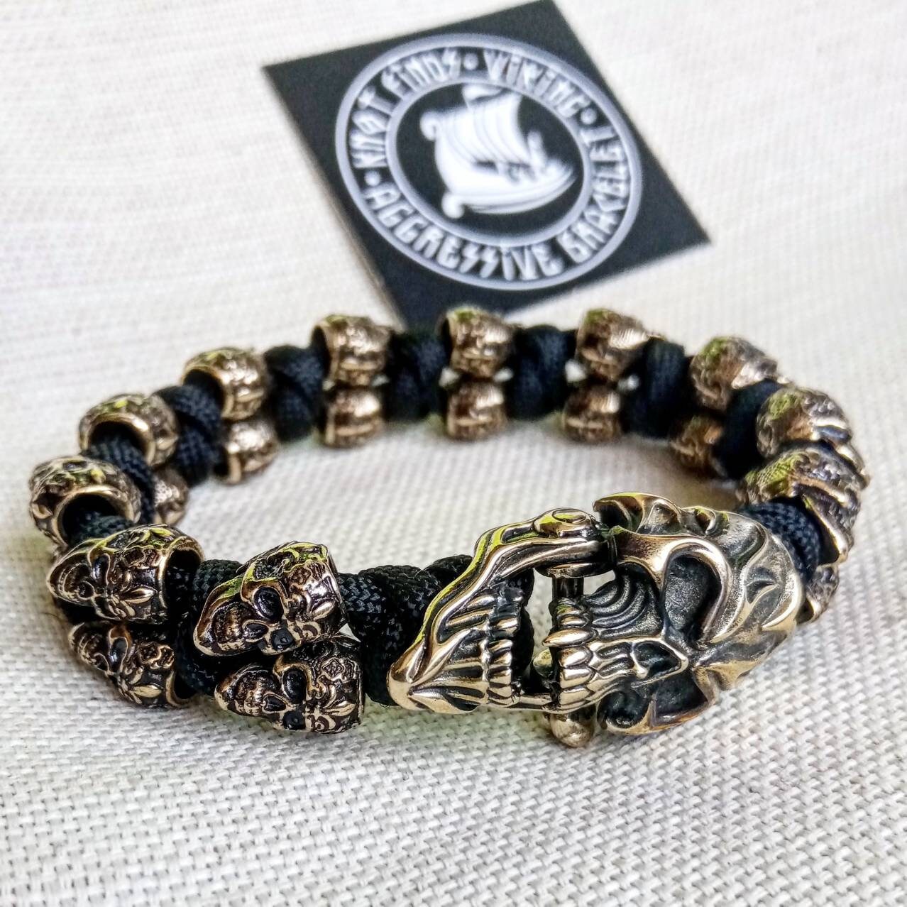 Black biker bangle. Horror skull paracord bracelet. Brutal style.