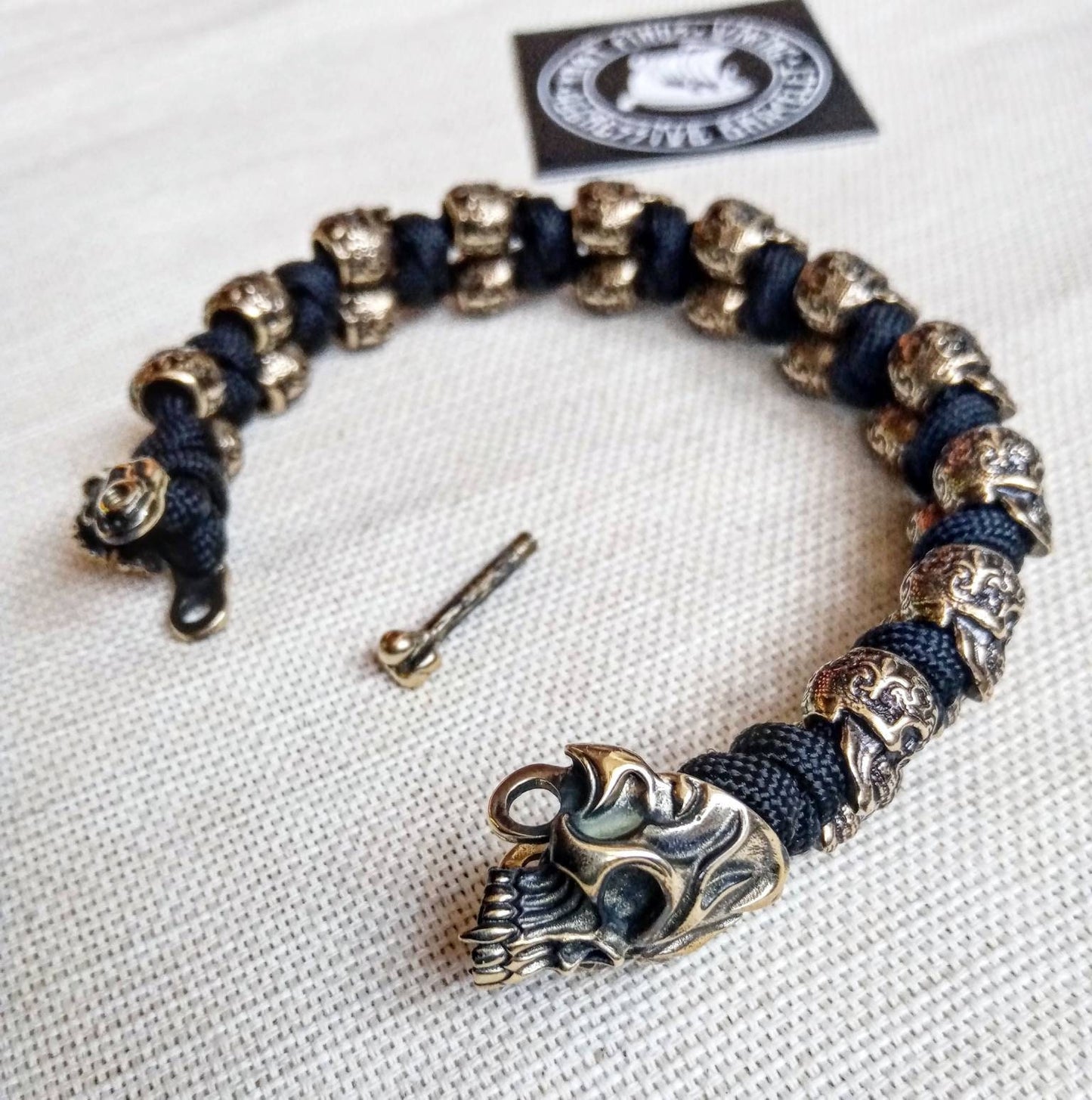 Black biker bangle. Horror skull paracord bracelet. Brutal style.