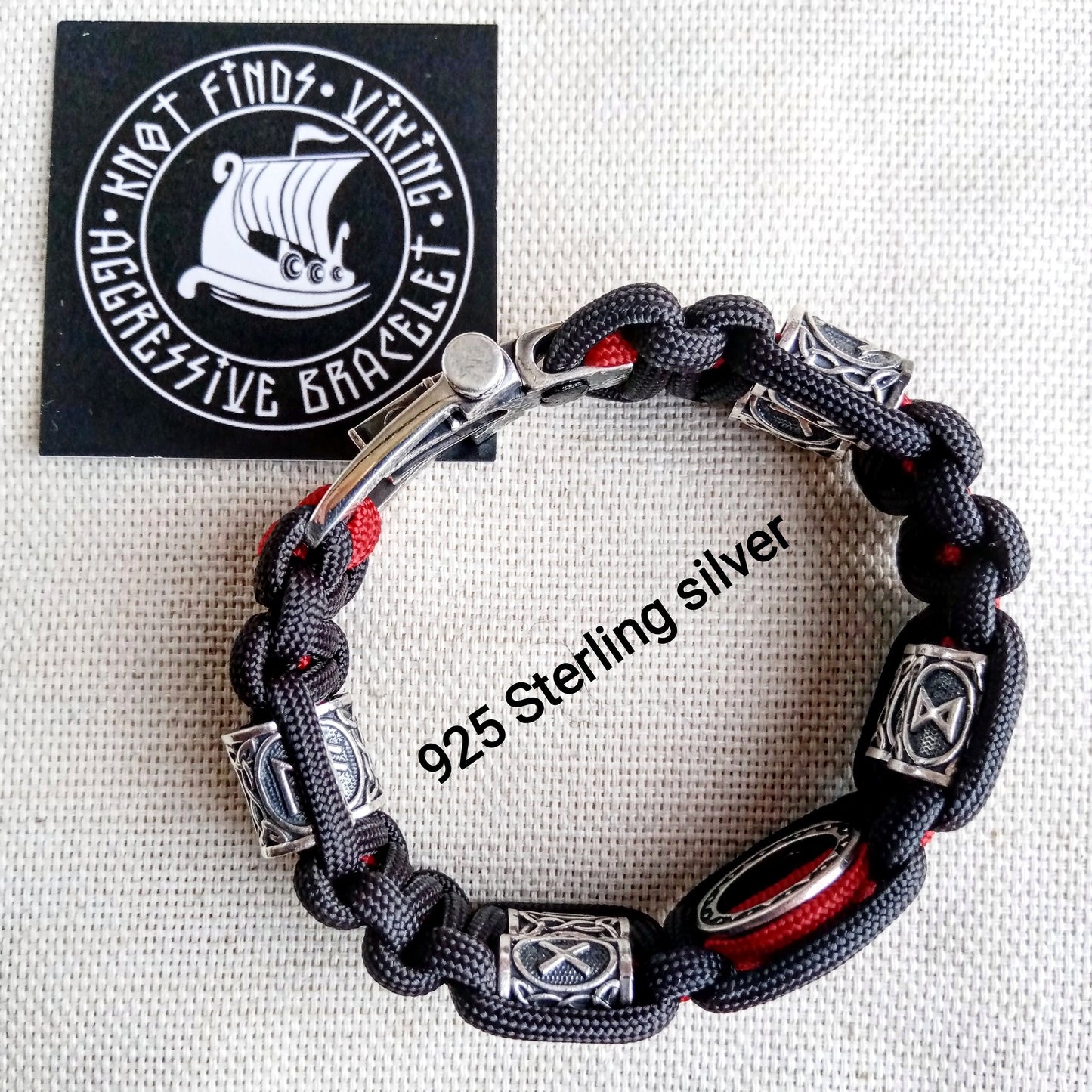 Luxury gift for biker. Runic paracord bracelet.925 Sterling silver runes. Viking jewelry.