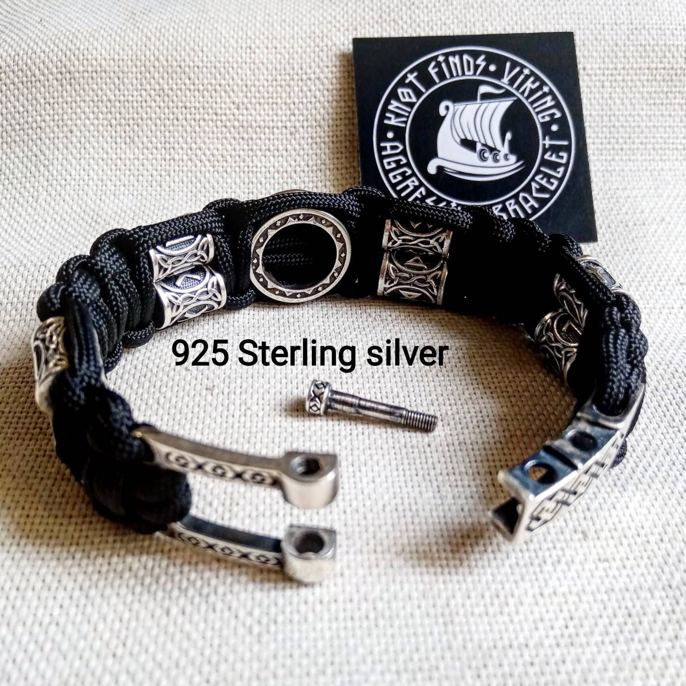 Black Viking protective amulet. Luxury gift for biker. Runic paracord bracelet.925 Sterling silver runes. Viking jewelry.