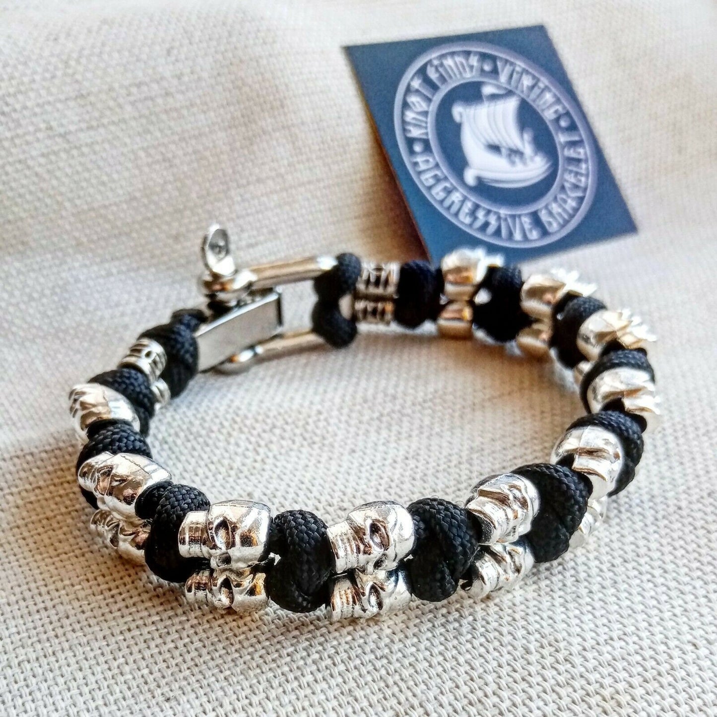 Skull paracord bracelet. Black bangle. Brutal style. Biker bangle. Halloween gift.