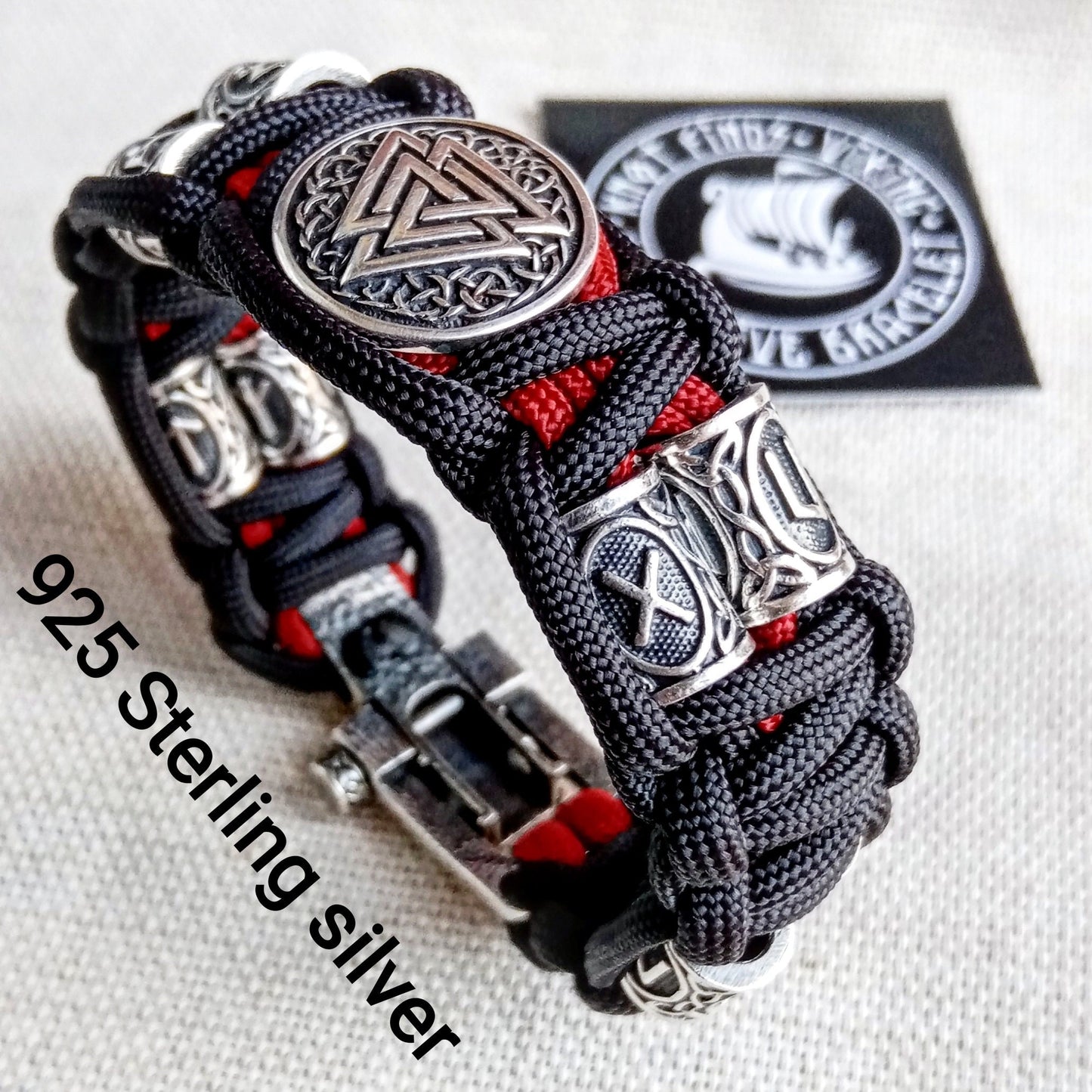 Luxury gift for biker. Runic paracord bracelet.925 Sterling silver runes. Viking jewelry.
