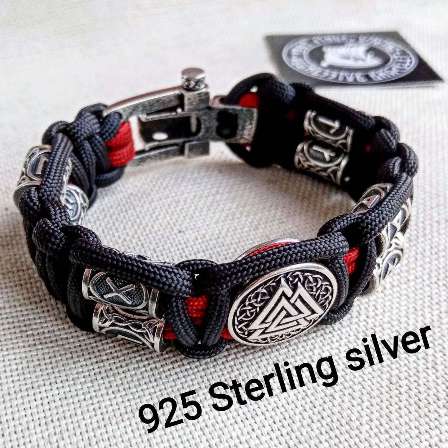 Luxury gift for biker. Runic paracord bracelet.925 Sterling silver runes. Viking jewelry.