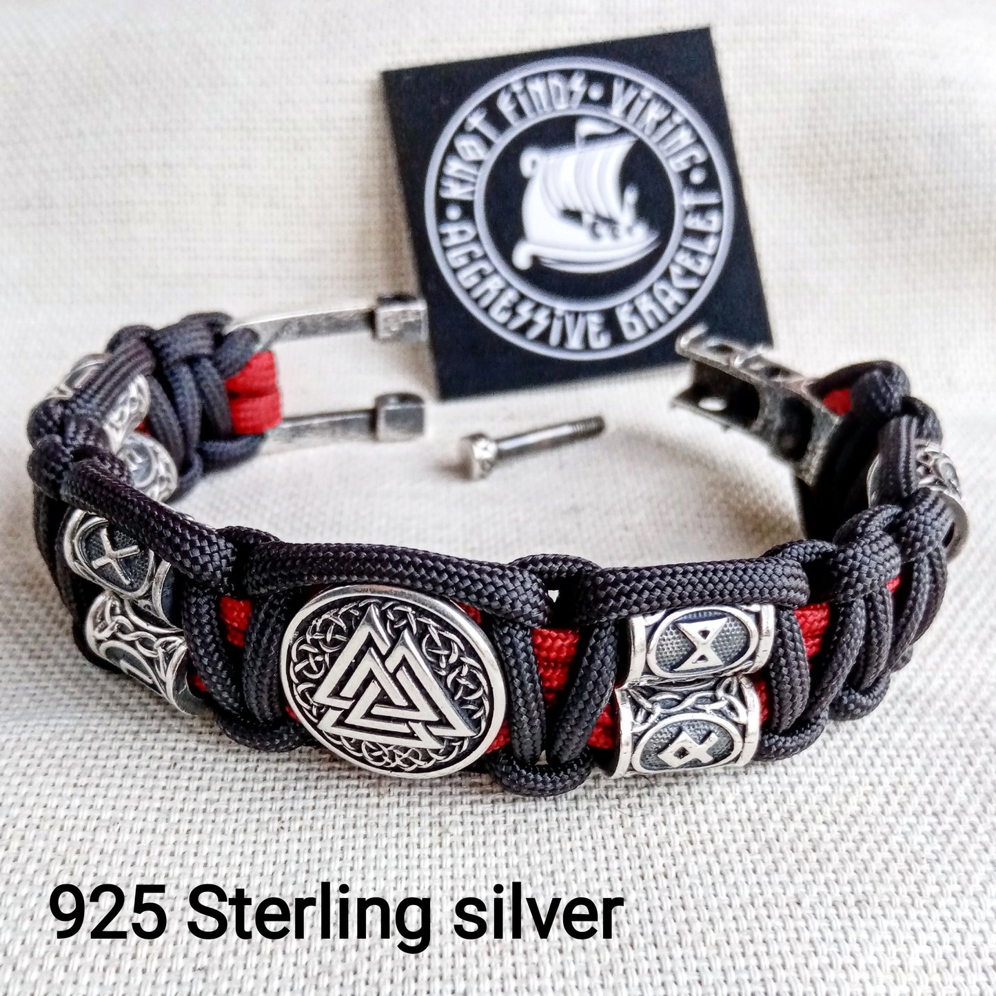 Luxury gift for biker. Runic paracord bracelet.925 Sterling silver runes. Viking jewelry.