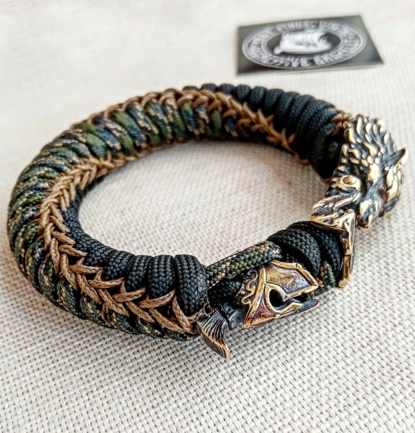 Paracord bracelet with beads "Wolf and Spartan". Men's style, a gift for tough men. Biker bracelet.