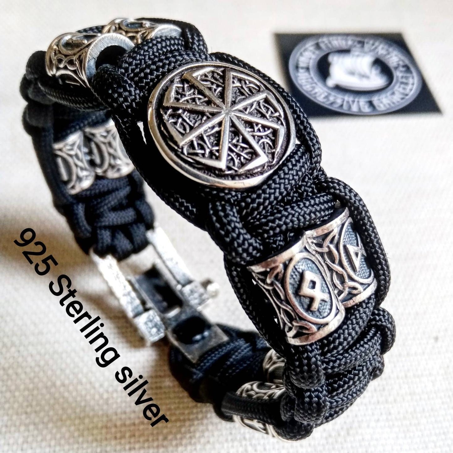 Black Viking protective amulet. Luxury gift for biker. Runic paracord bracelet.925 Sterling silver runes. Viking jewelry.