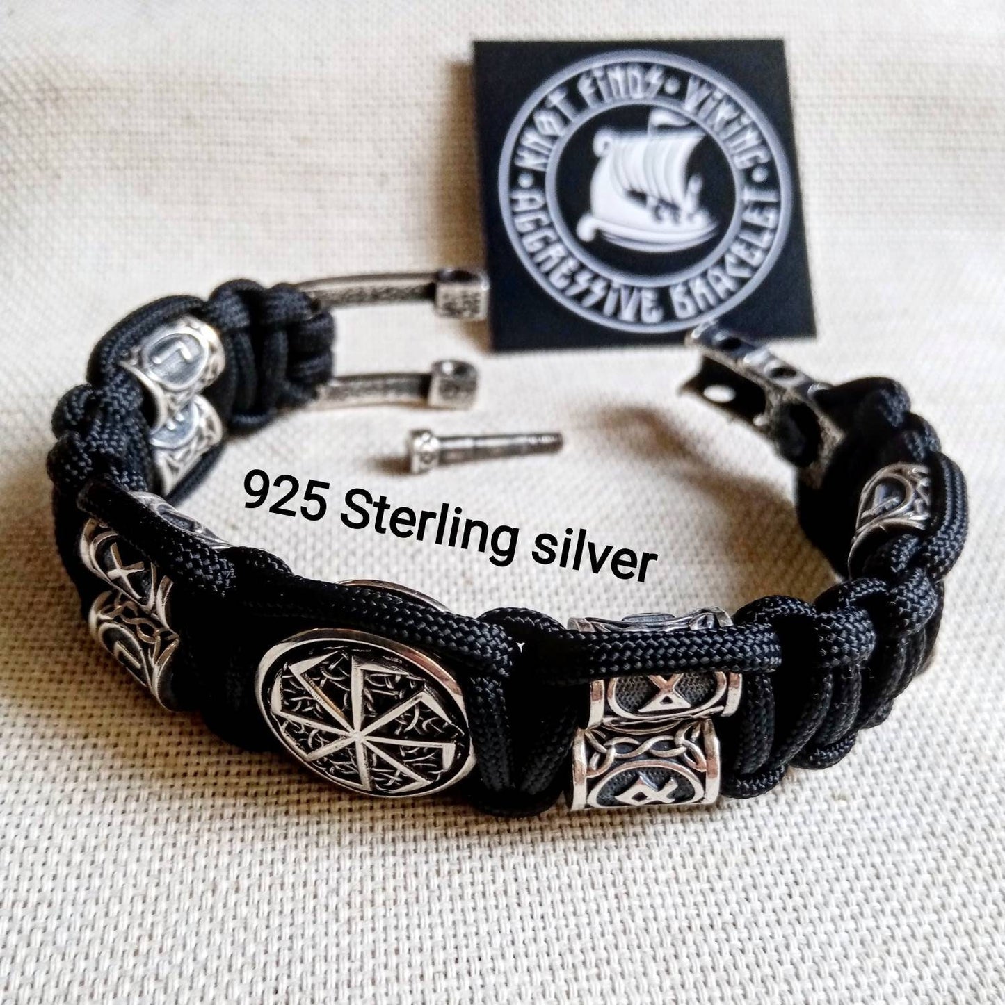 Black Viking protective amulet. Luxury gift for biker. Runic paracord bracelet.925 Sterling silver runes. Viking jewelry.