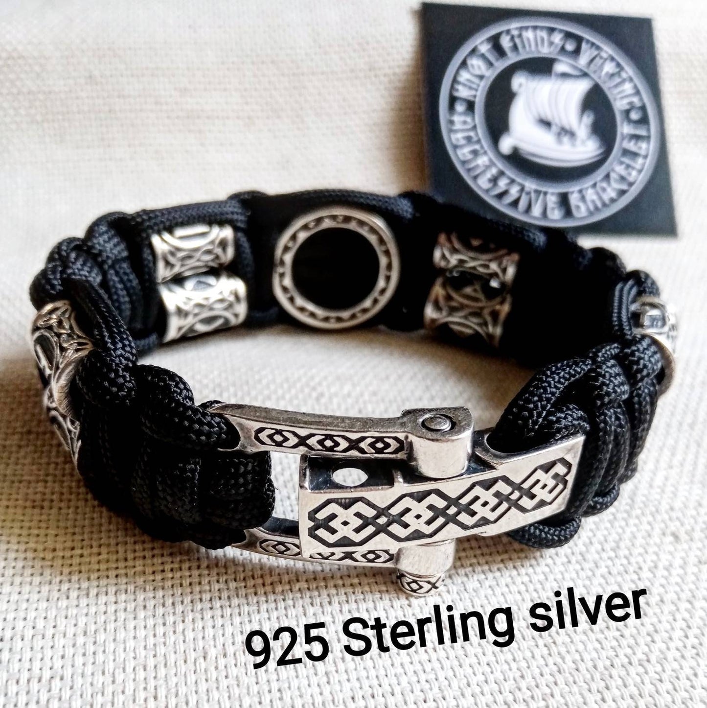 Black Viking protective amulet. Luxury gift for biker. Runic paracord bracelet.925 Sterling silver runes. Viking jewelry.