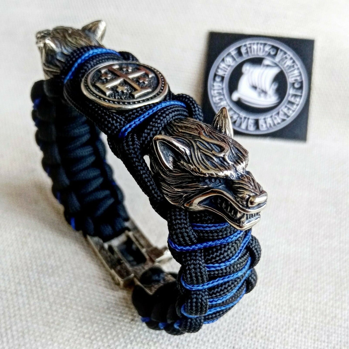 Paracord bracelet with beads "Wolf Head" and "Jerusalem Cross". Men's style, a gift for tough men. Biker bracelet.
