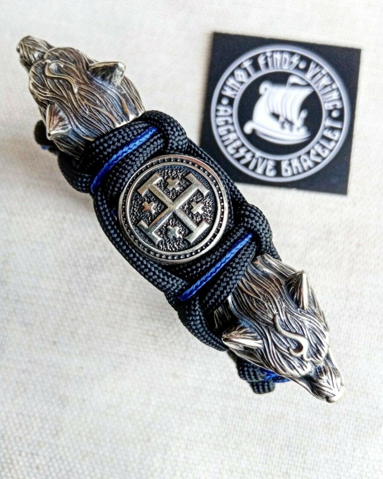 Paracord bracelet with beads "Wolf Head" and "Jerusalem Cross". Men's style, a gift for tough men. Biker bracelet.