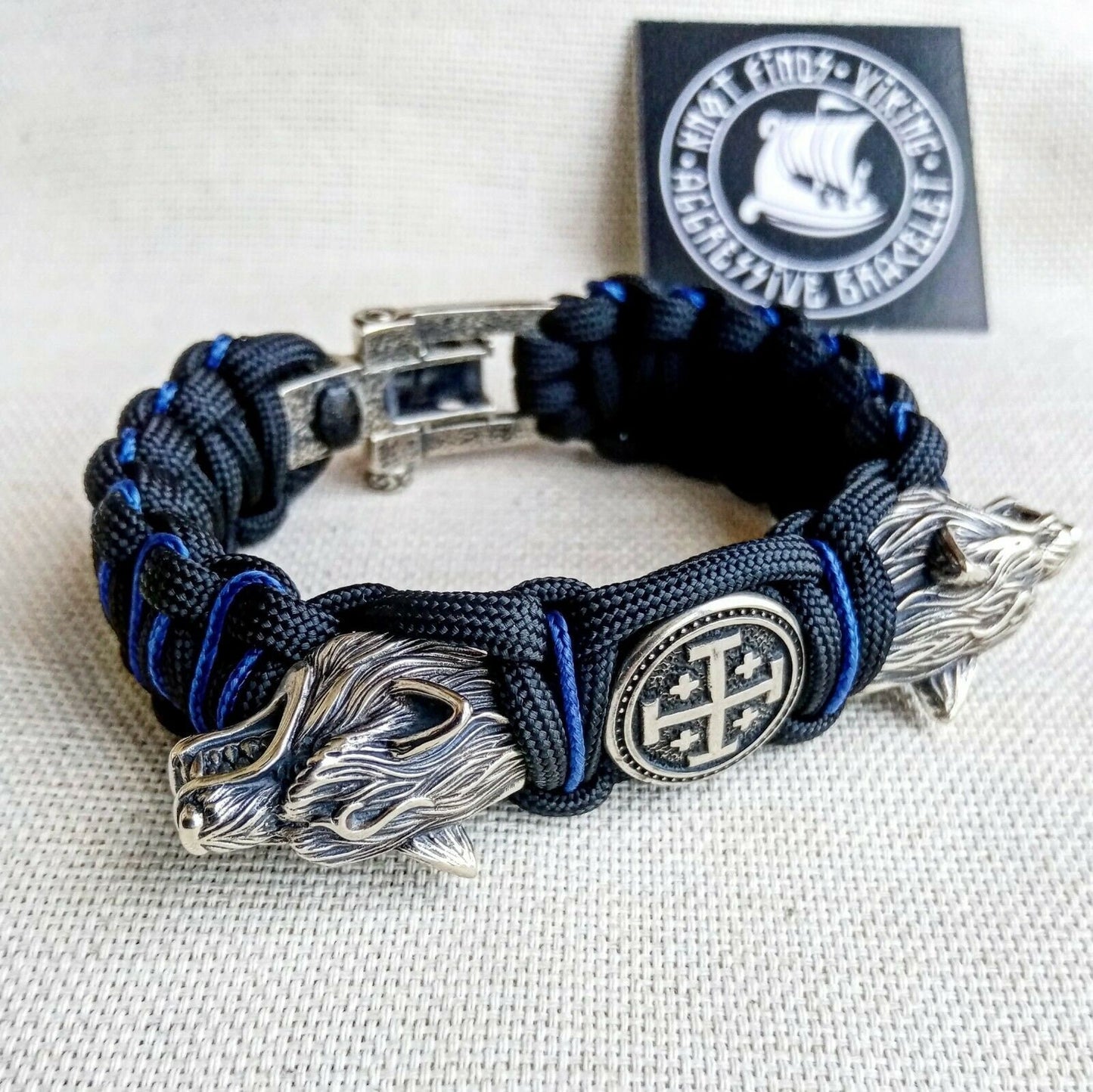 Paracord bracelet with beads "Wolf Head" and "Jerusalem Cross". Men's style, a gift for tough men. Biker bracelet.