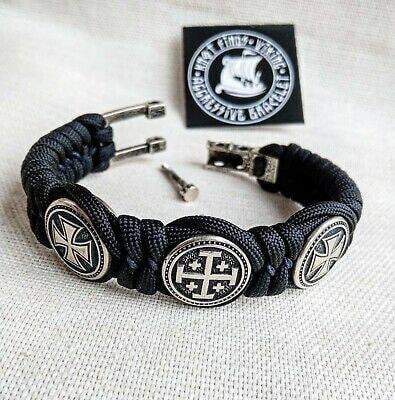 Black Paracord protective amulet with steel beads "Templar Cross", "JERUSALEM Cross", "Templar Cross". Men's style, a gift for tough men.