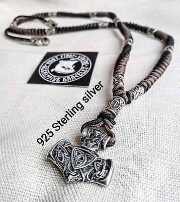 Viking necklace, 925 Sterling silver. Paracord necklace with beads. Mjolnir necklace. Celtic knot.
