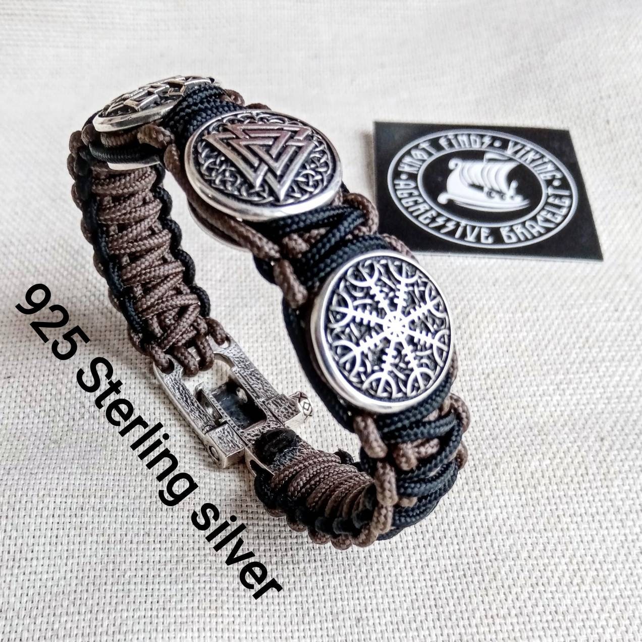 Viking protective amulet. Silver 925 Sterling bracelet. Valknut. Valkyrie. Helmet Horror. Luxury paracord bracelet.Viking style.