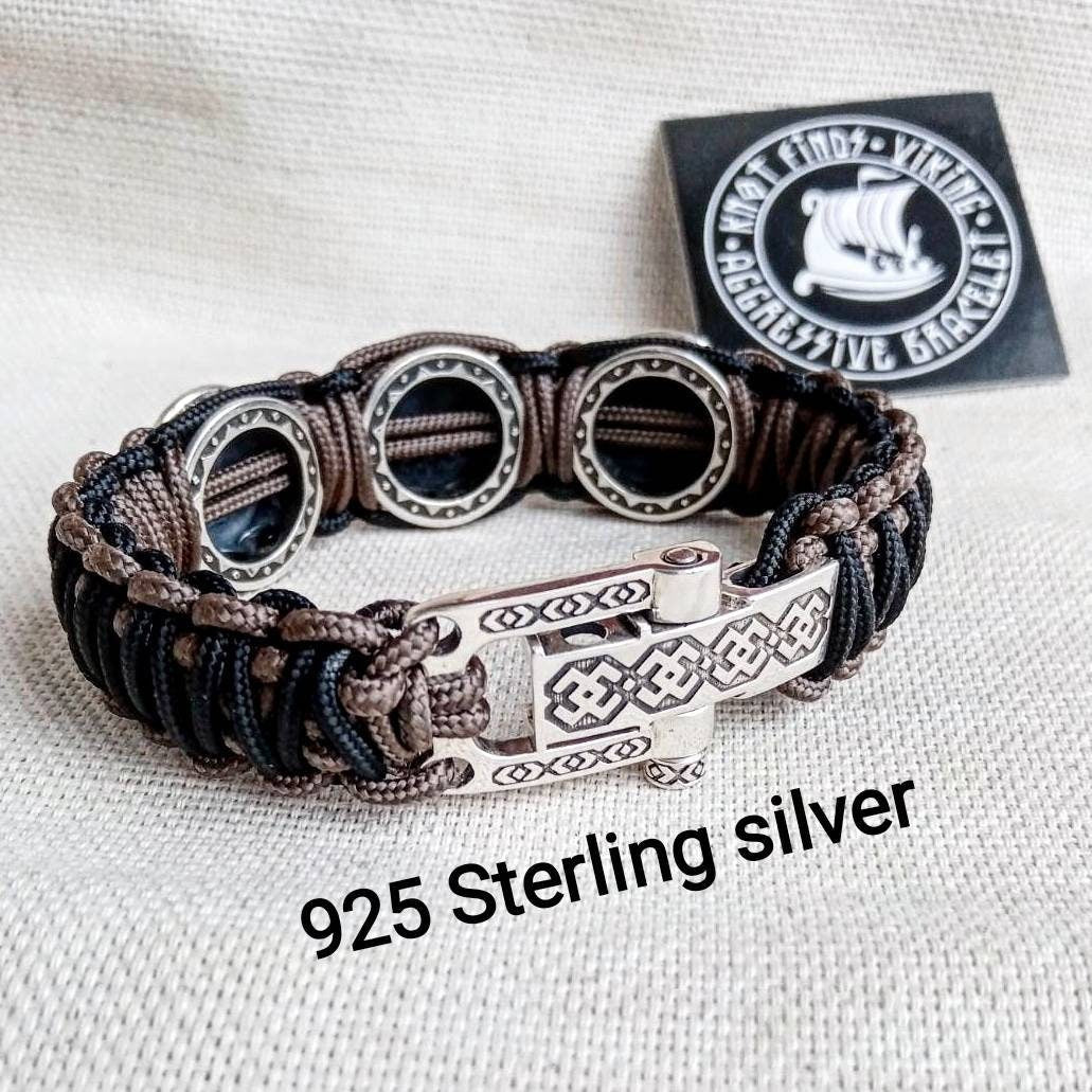 Viking protective amulet. Silver 925 Sterling bracelet. Valknut. Valkyrie. Helmet Horror. Luxury paracord bracelet.Viking style.