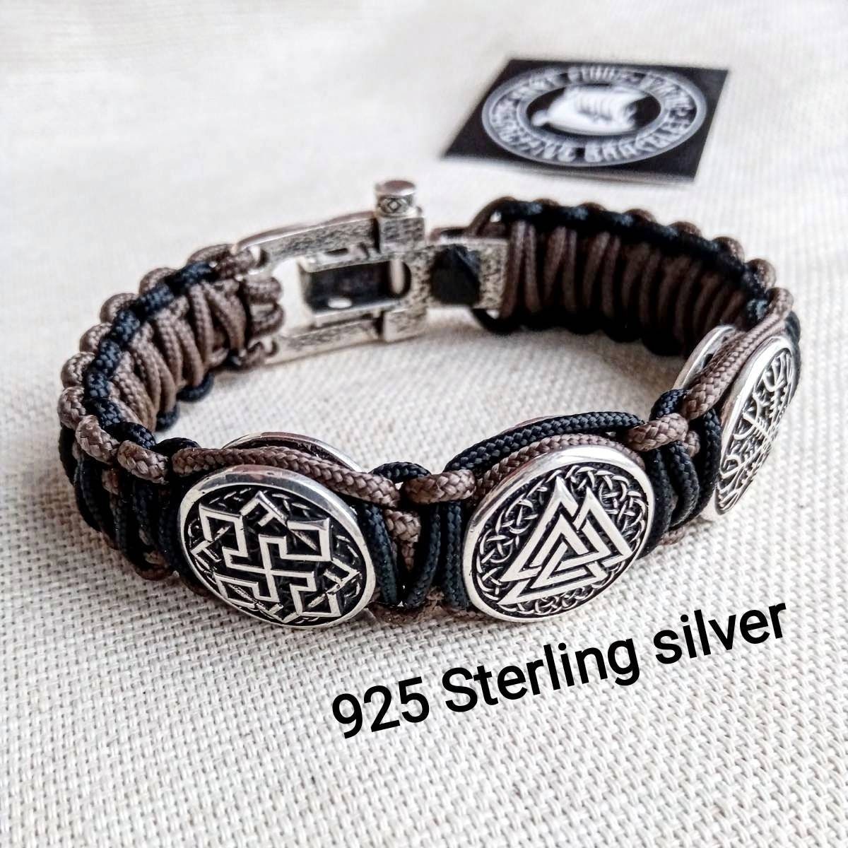 Viking protective amulet. Silver 925 Sterling bracelet. Valknut. Valkyrie. Helmet Horror. Luxury paracord bracelet.Viking style.