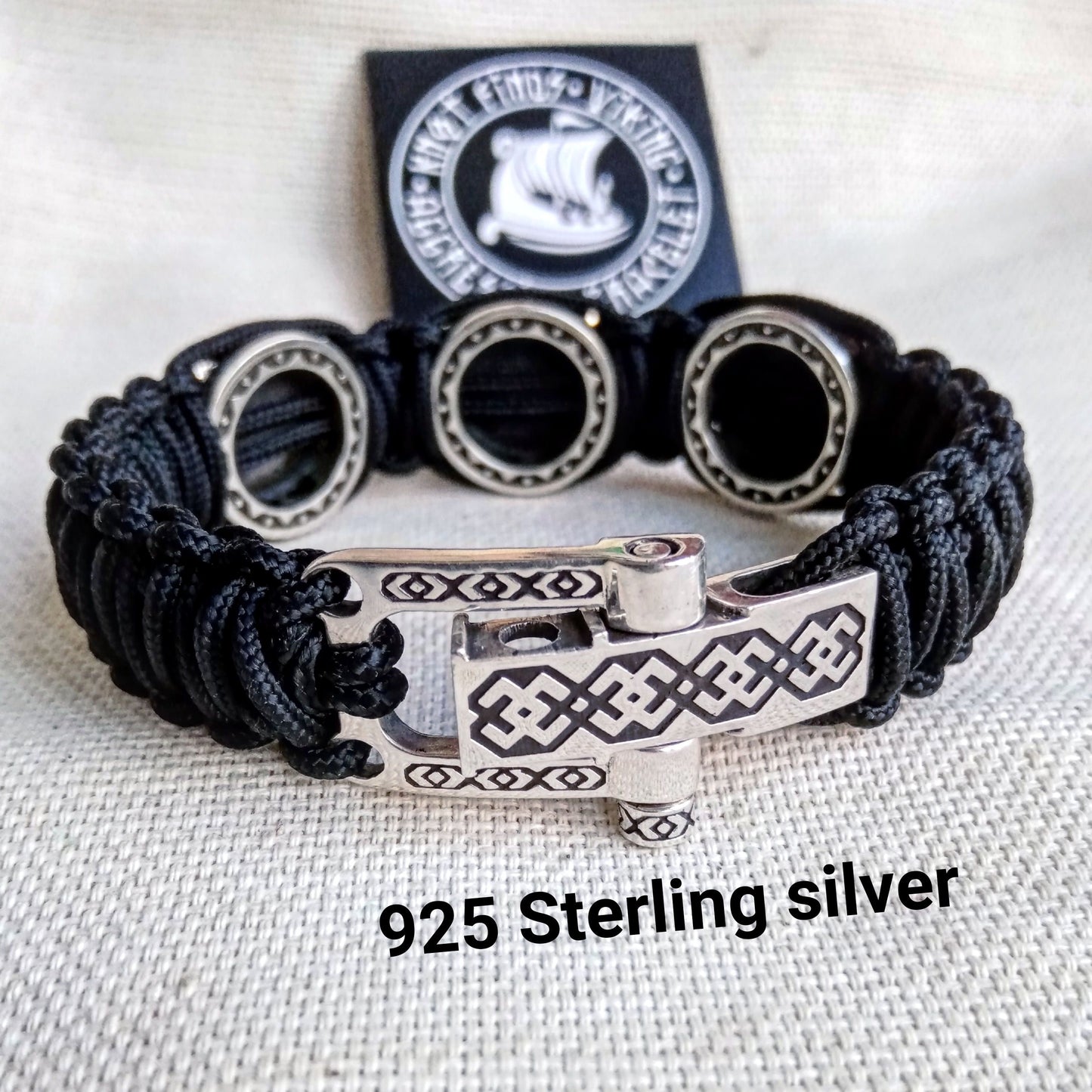 Black Viking protective amulet. Silver 925 Sterling bracelet. Valknut. Valkyrie. Helmet Horror. Luxury paracord bracelet.Viking style.