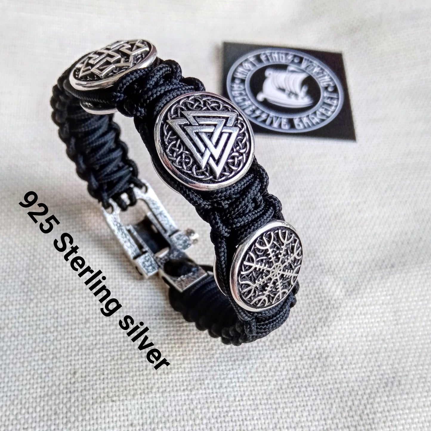 Black Viking protective amulet. Silver 925 Sterling bracelet. Valknut. Valkyrie. Helmet Horror. Luxury paracord bracelet.Viking style.