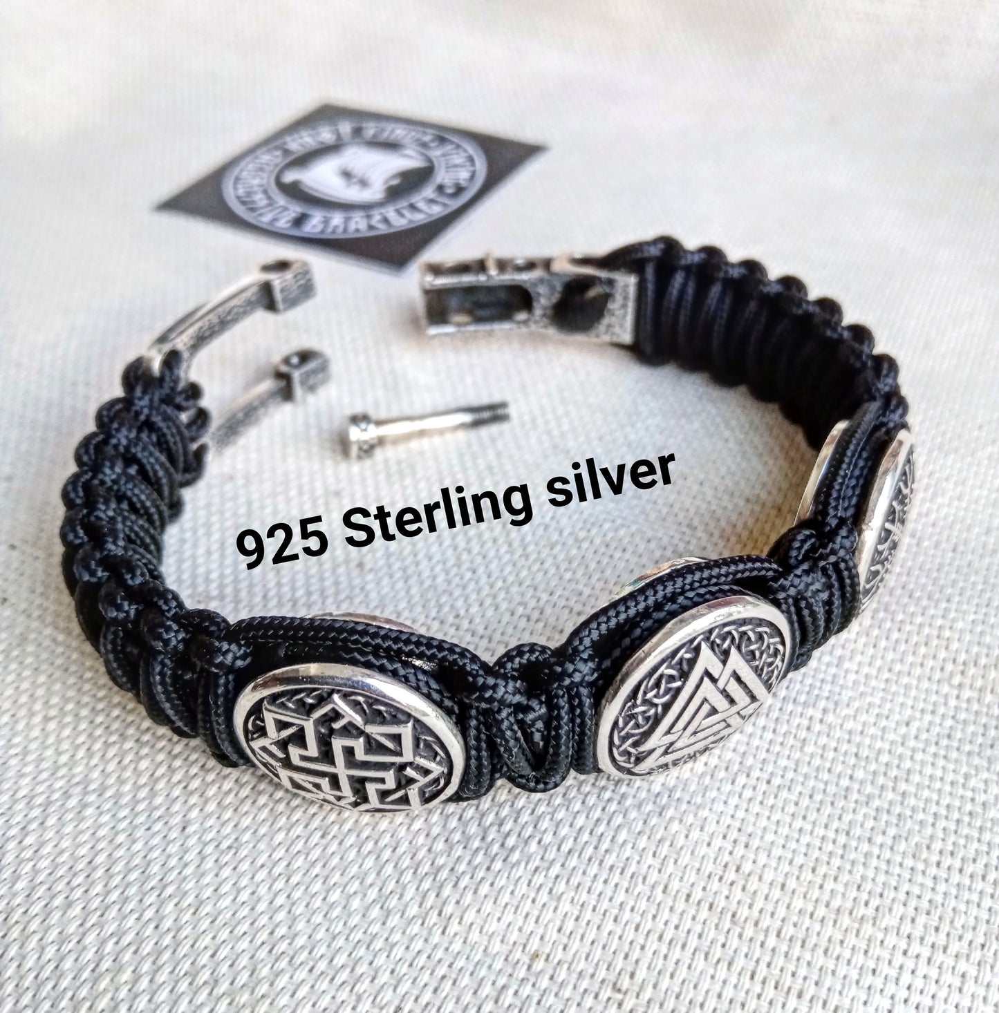 Black Viking protective amulet. Silver 925 Sterling bracelet. Valknut. Valkyrie. Helmet Horror. Luxury paracord bracelet.Viking style.