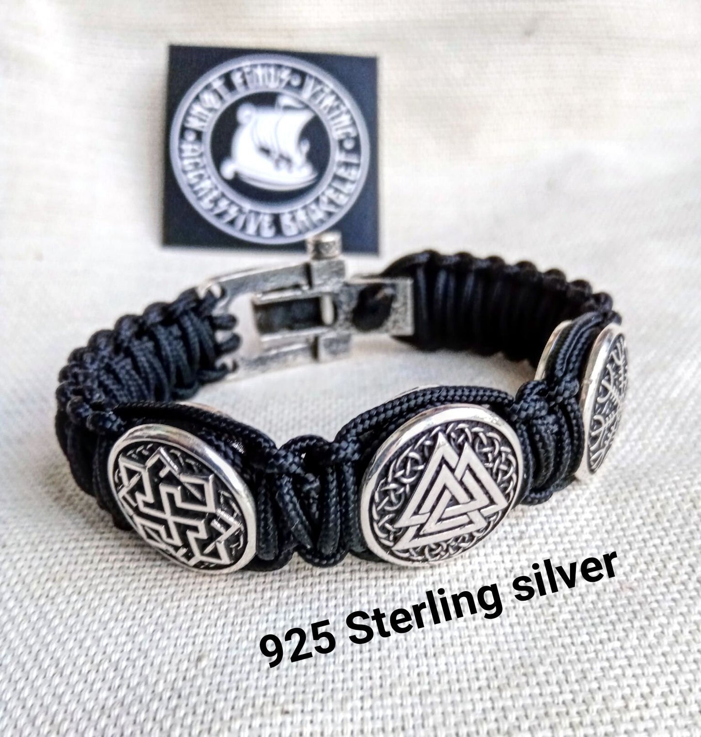 Black Viking protective amulet. Silver 925 Sterling bracelet. Valknut. Valkyrie. Helmet Horror. Luxury paracord bracelet.Viking style.