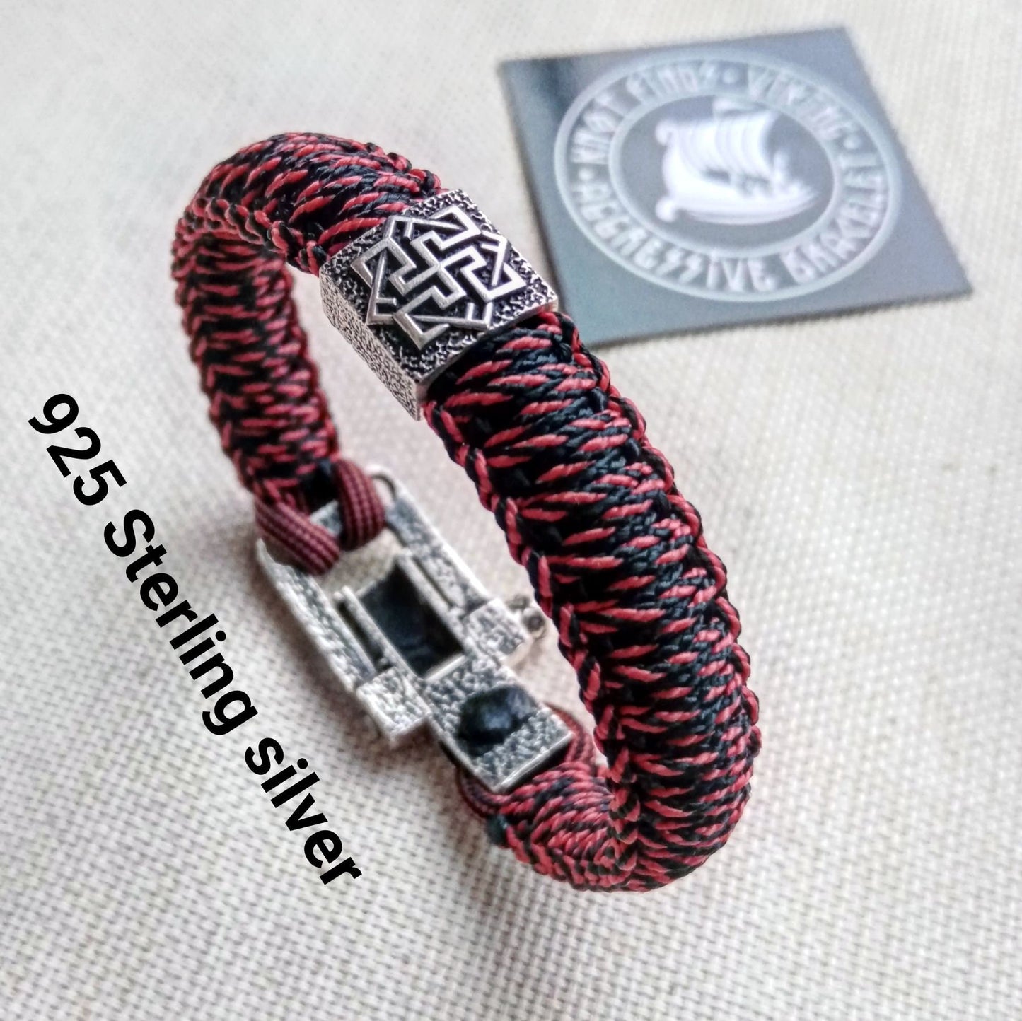 Paracord bracelet. 925 Sterling silver Vikings jewelry for Men and woman . Bloody strip Celtic bangle