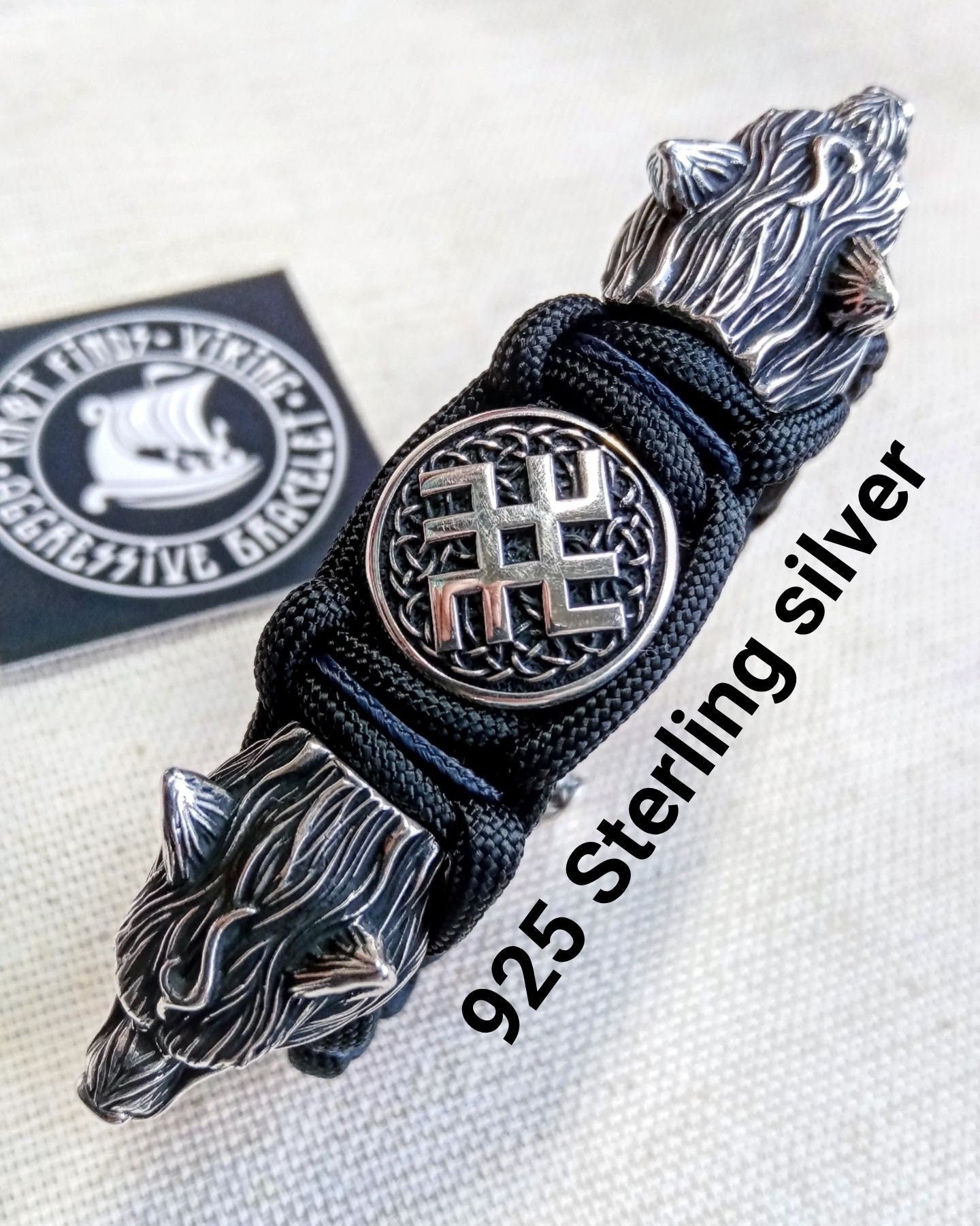 Viking jewelry. 925 Sterling silver and paracord bracelet. Mens luxury style.