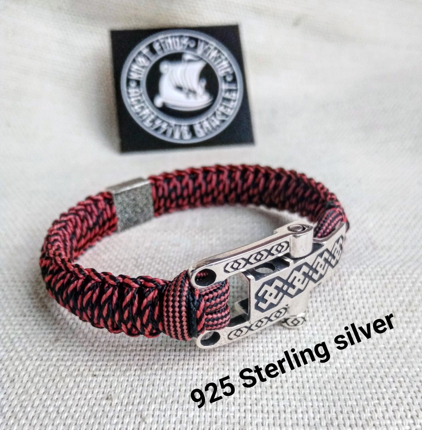Paracord bracelet. 925 Sterling silver Vikings jewelry for Men and woman . Bloody strip Celtic bangle